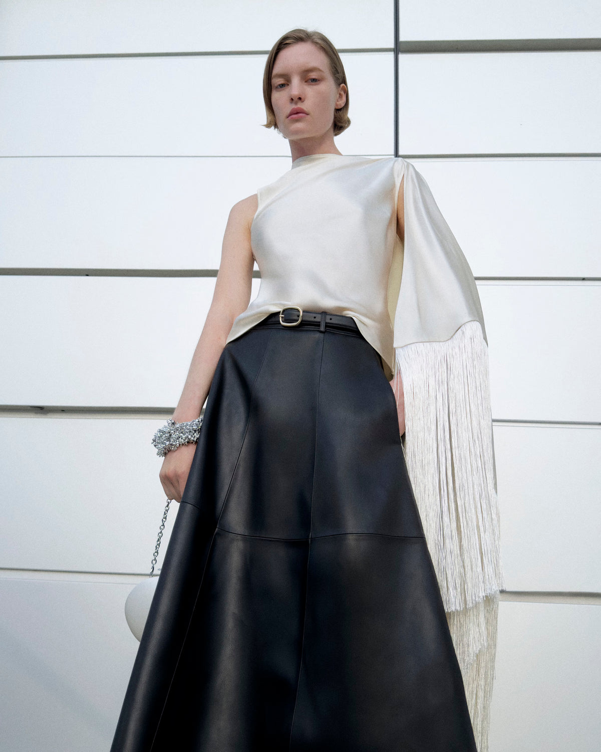 Cream Satin Fringed Scarf Top