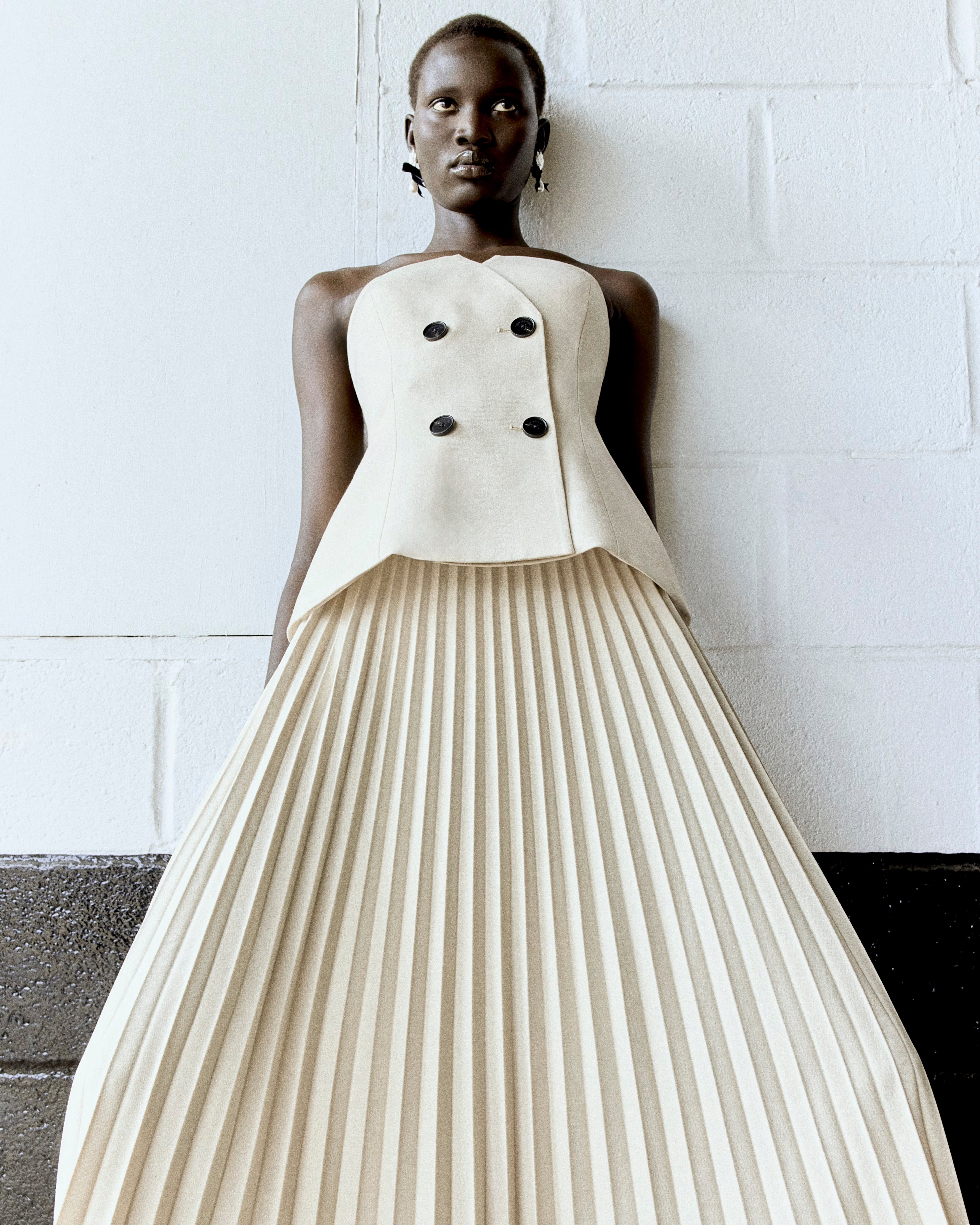 Beige Bandeau Pleated Midi Dress