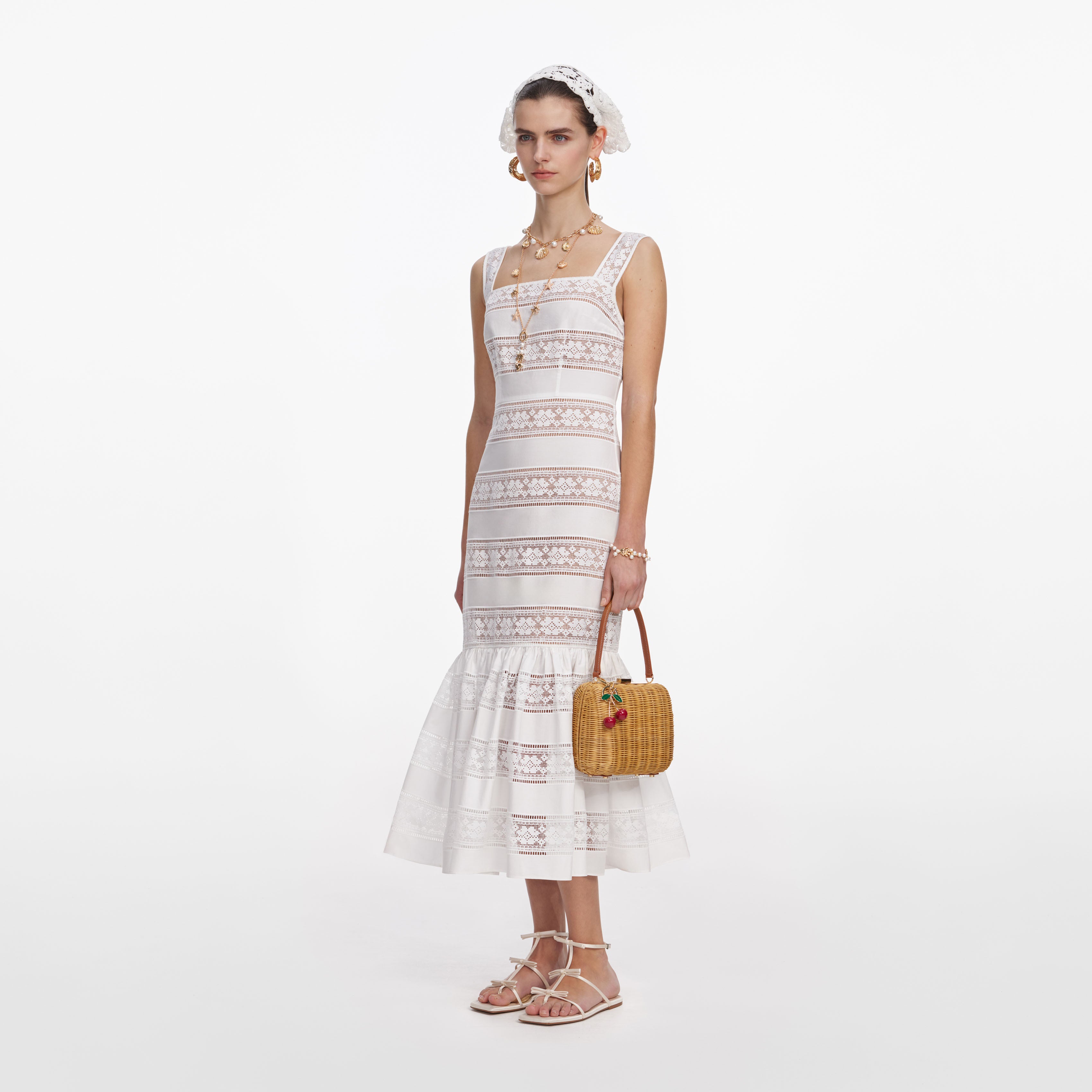 White Cotton Embroidered Midi Dress