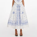 White And Blue Embroidered Midi Skirt