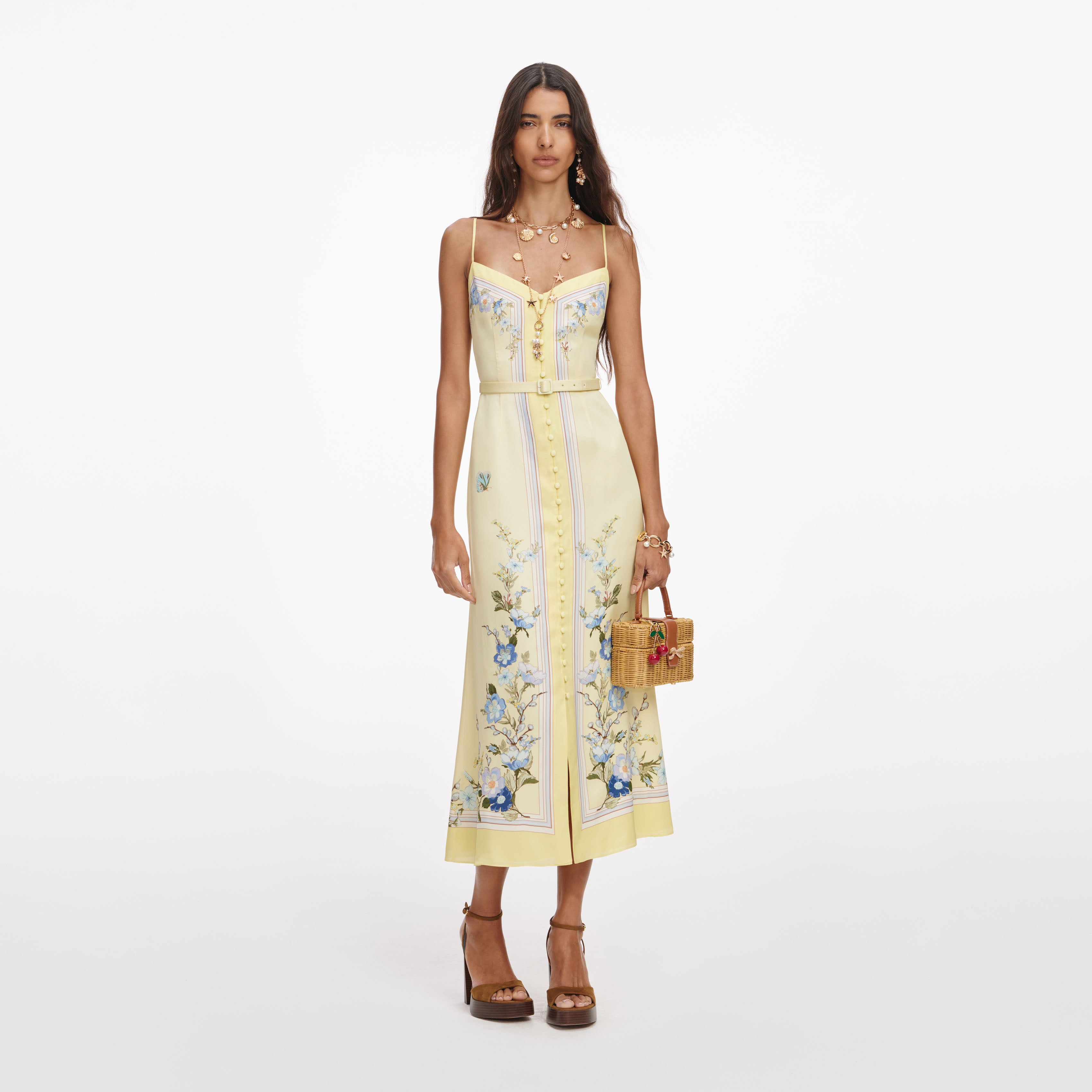Yellow Floral Silk Midi Dress