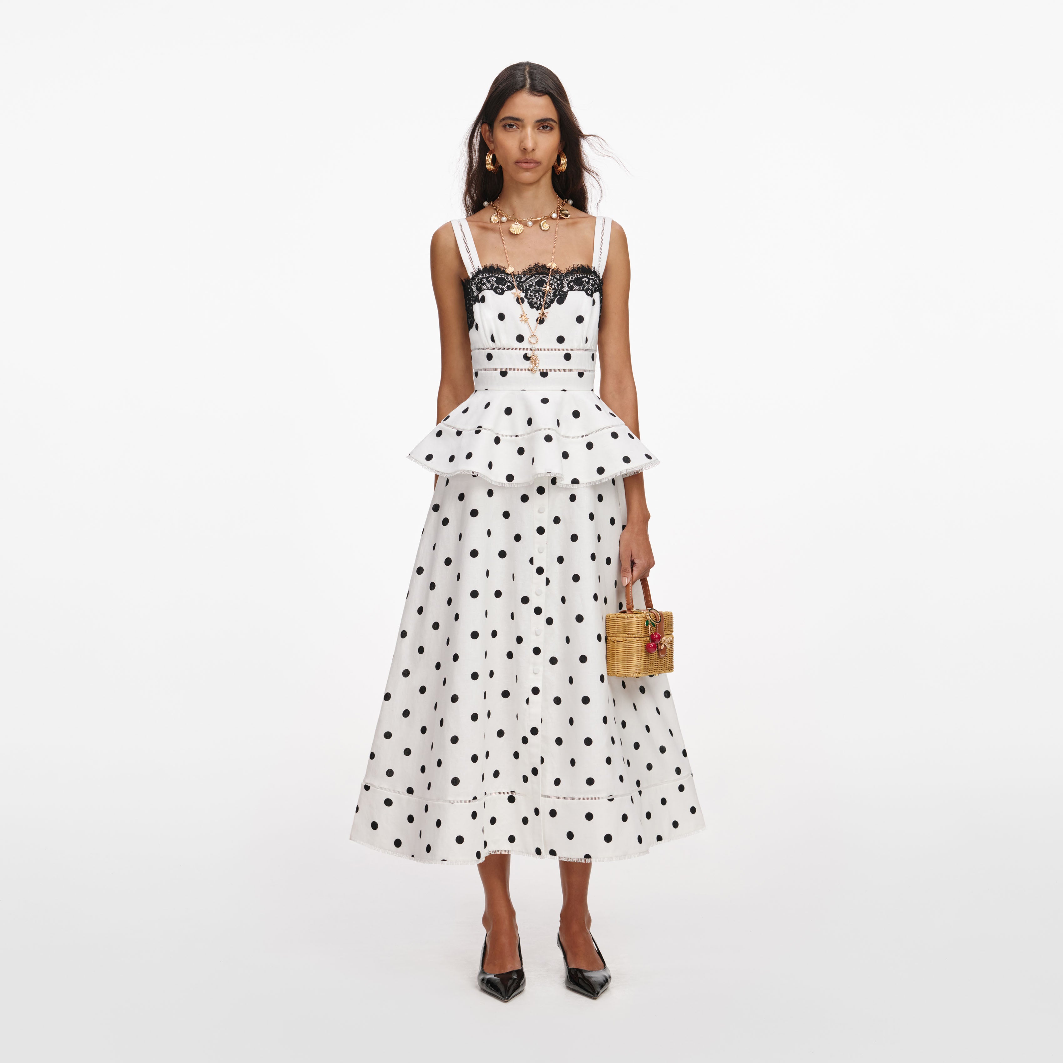 White Polka Dot Linen Midi Dress