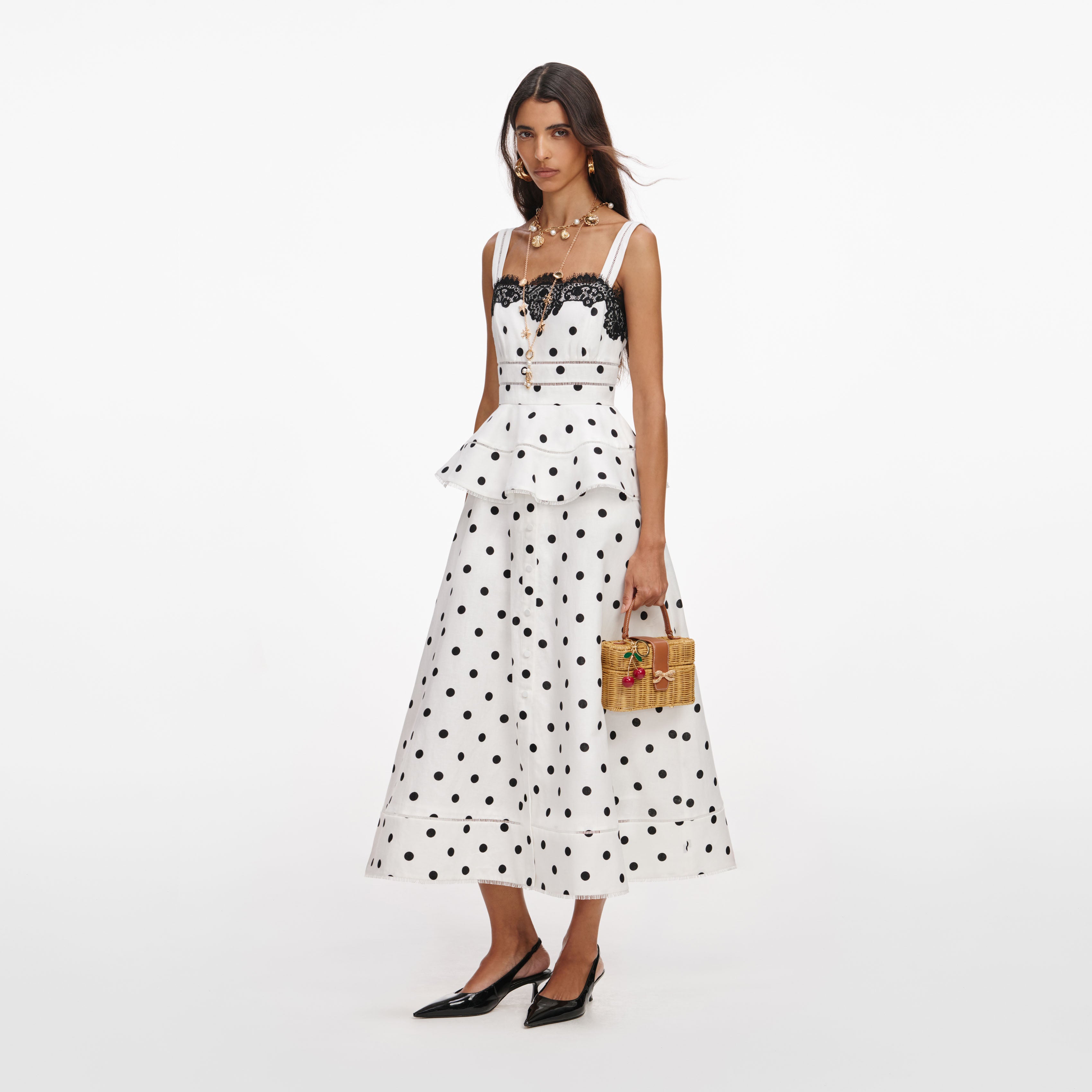 White Polka Dot Linen Midi Dress