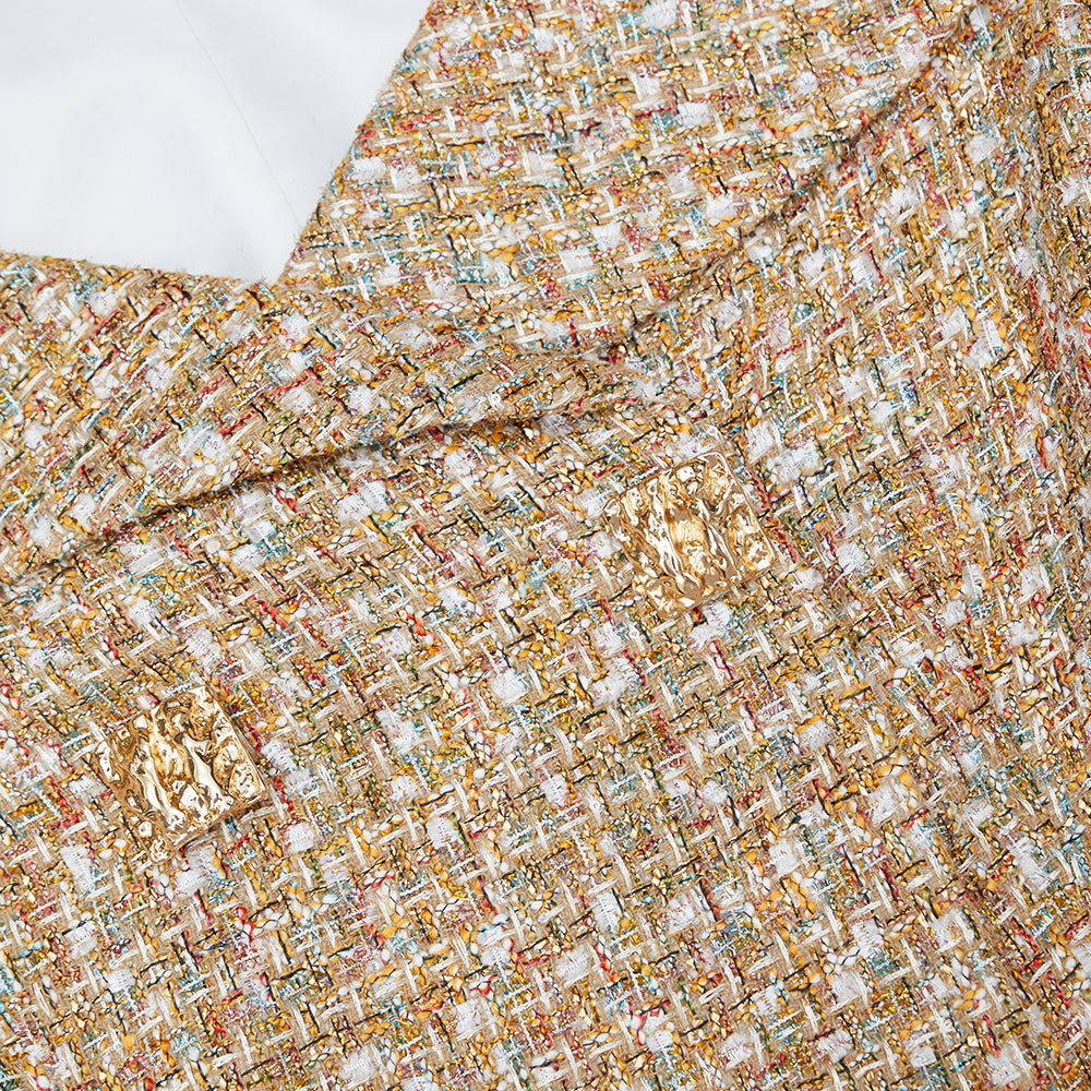 Gold Tinsel Boucle Off Shoulder Mini Dress