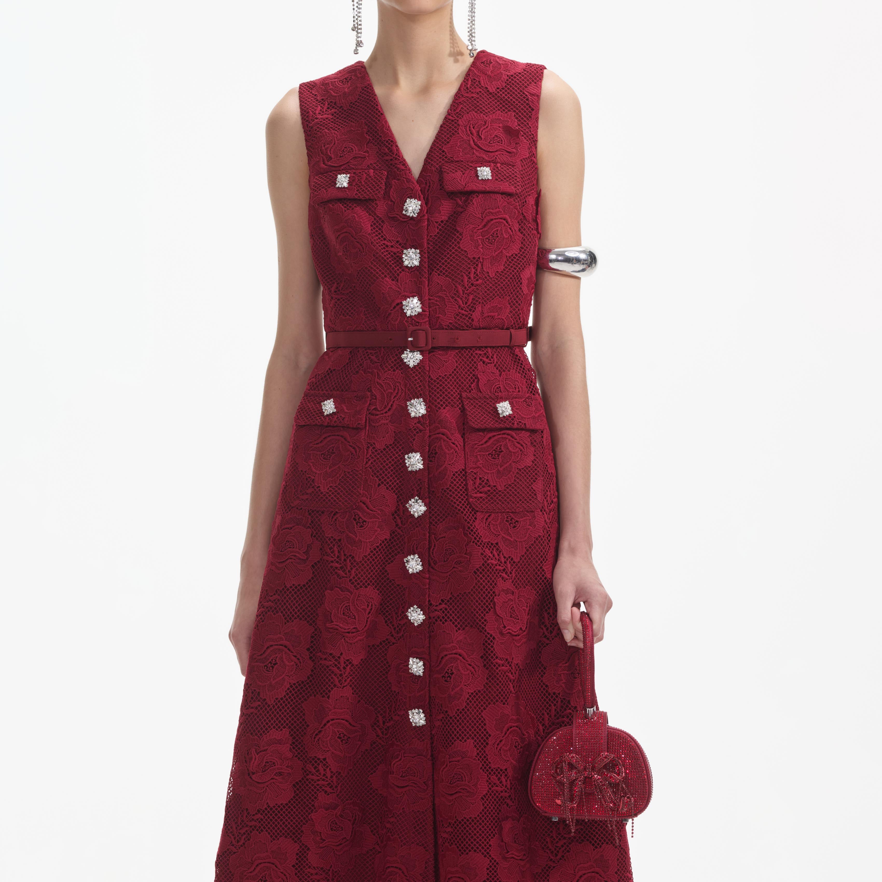 Burgundy Lace Buttoned Midi Dress