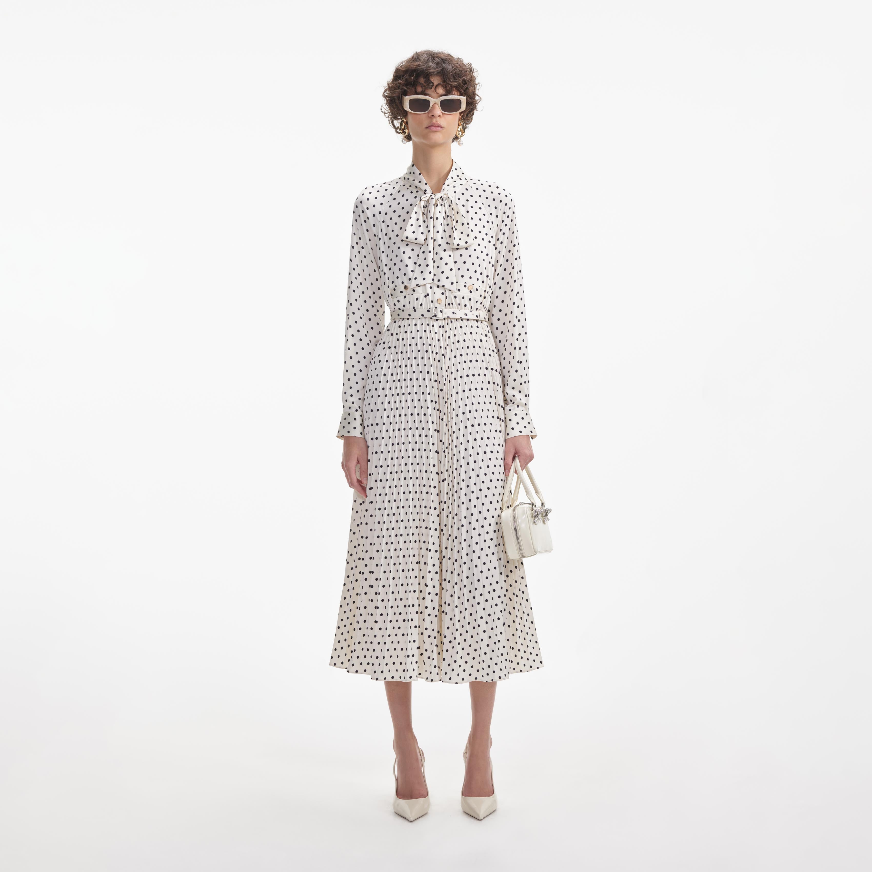 Cream Polka Dot Satin Midi Dress