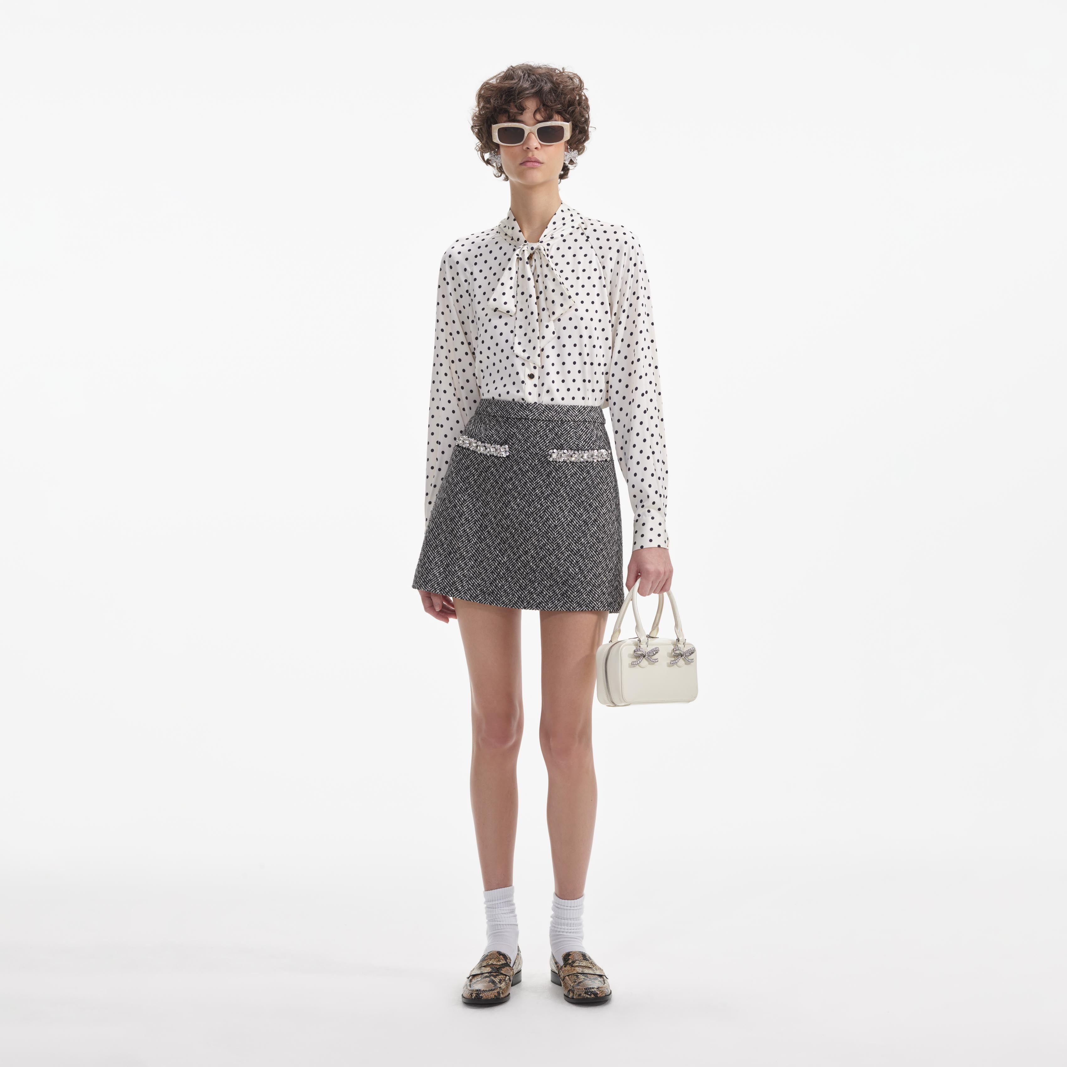 Black Herringbone Mini Skirt