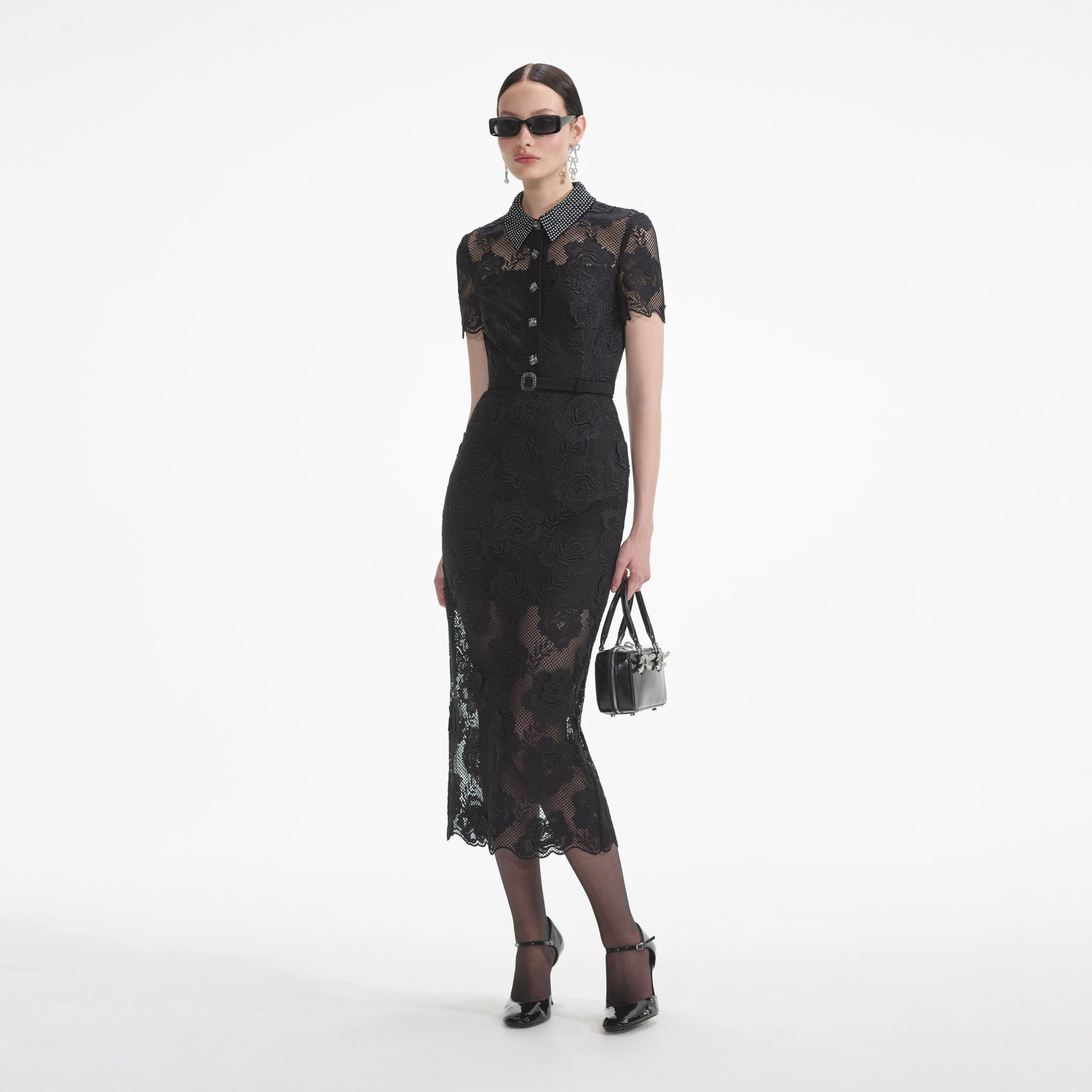 Black Lace Diamante Midi Dress