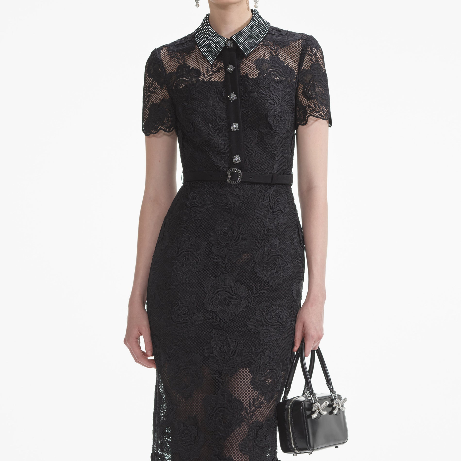 Black Lace Diamante Midi Dress