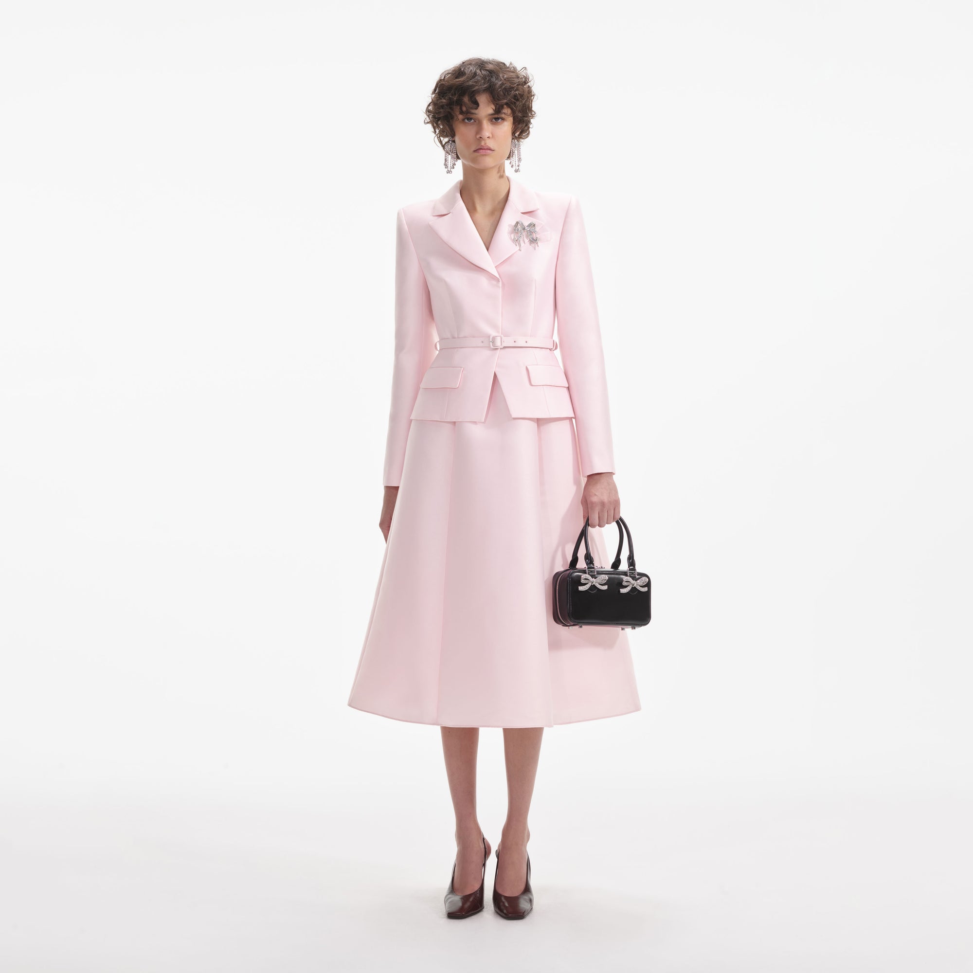 Front view of a woman wearing the Pink Tailored Taffeta Midi Dress