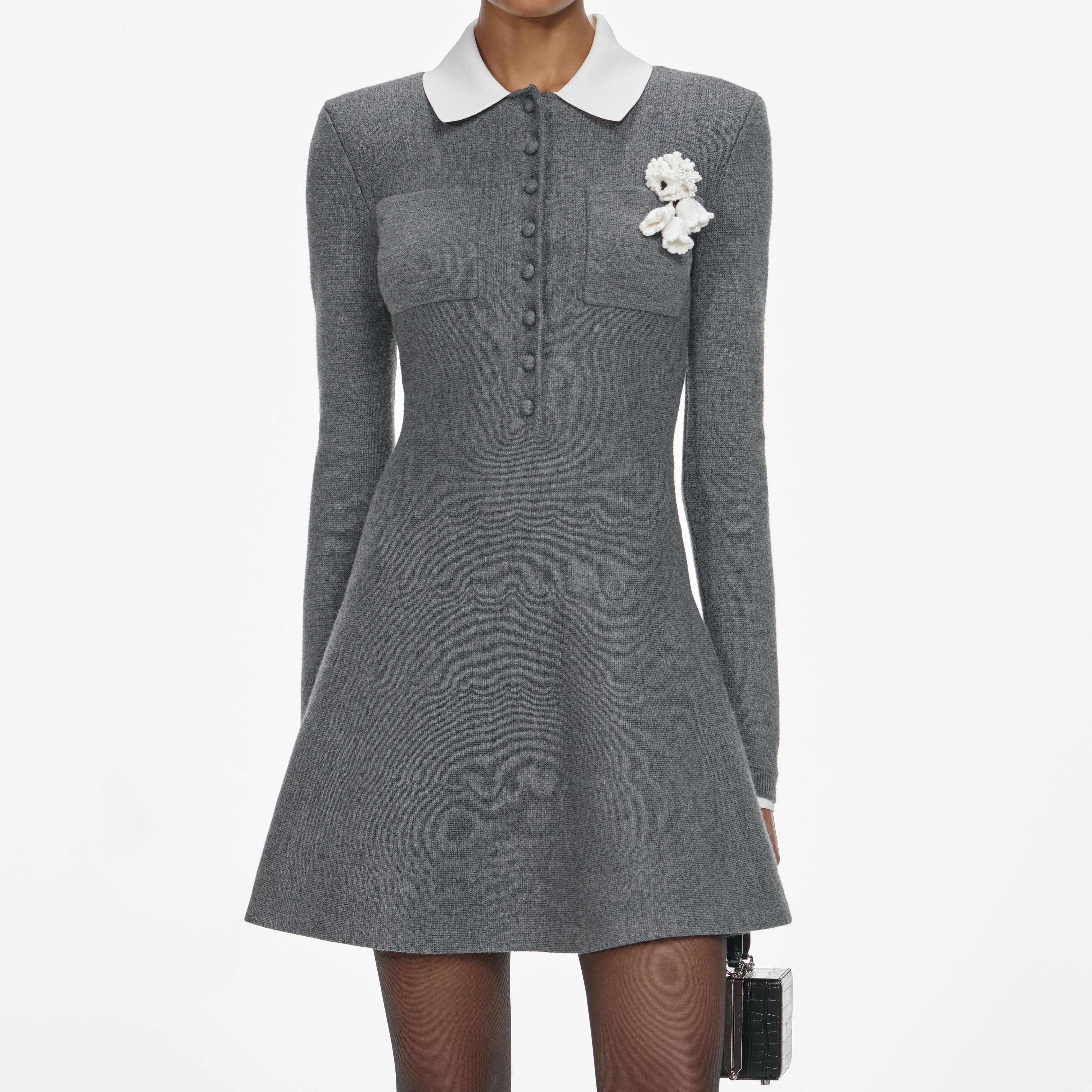 Grey Crochet Flower Collared Knit Mini Dress