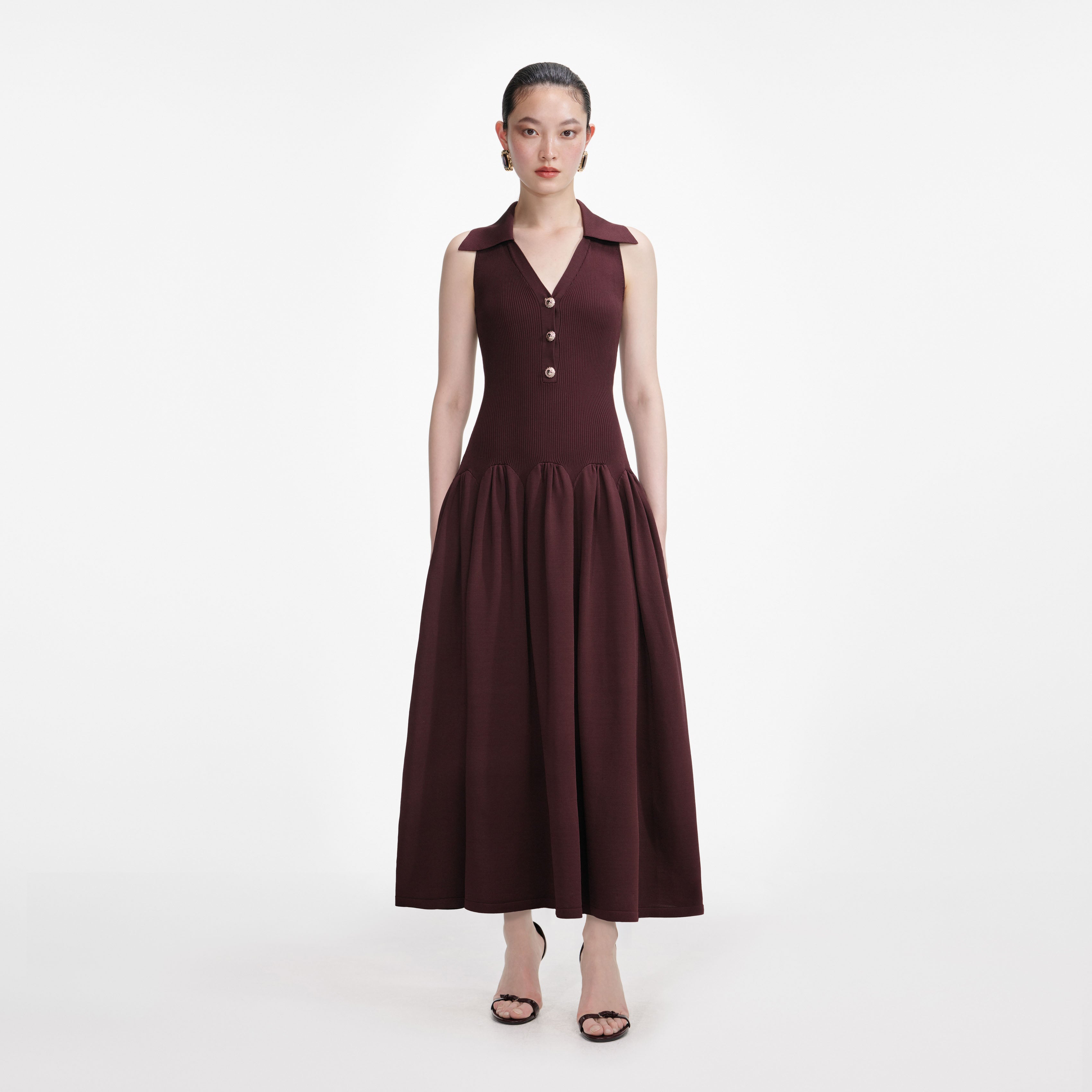 Brown Ribbed Collared Knit Midi Dress