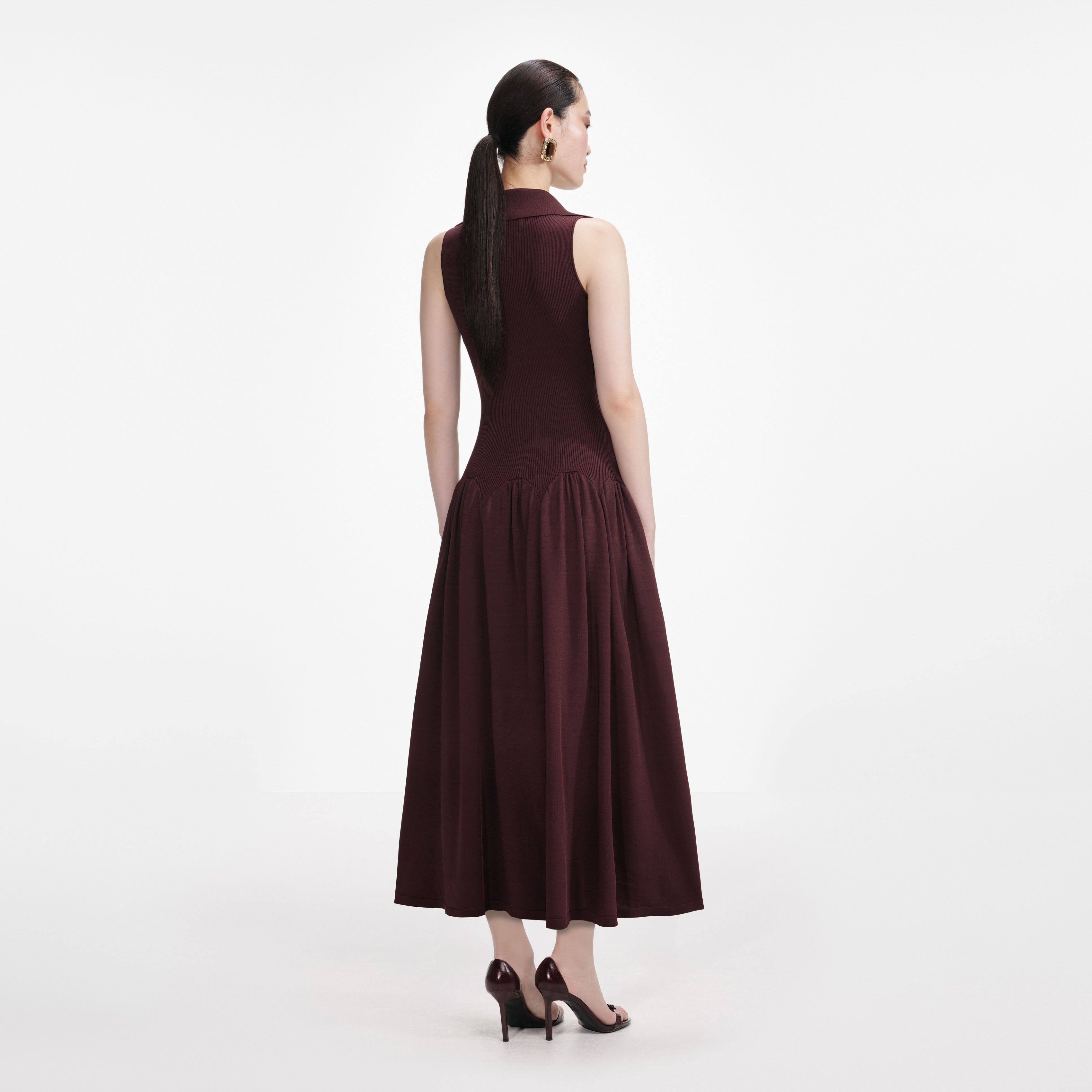 Brown Ribbed Collared Knit Midi Dress