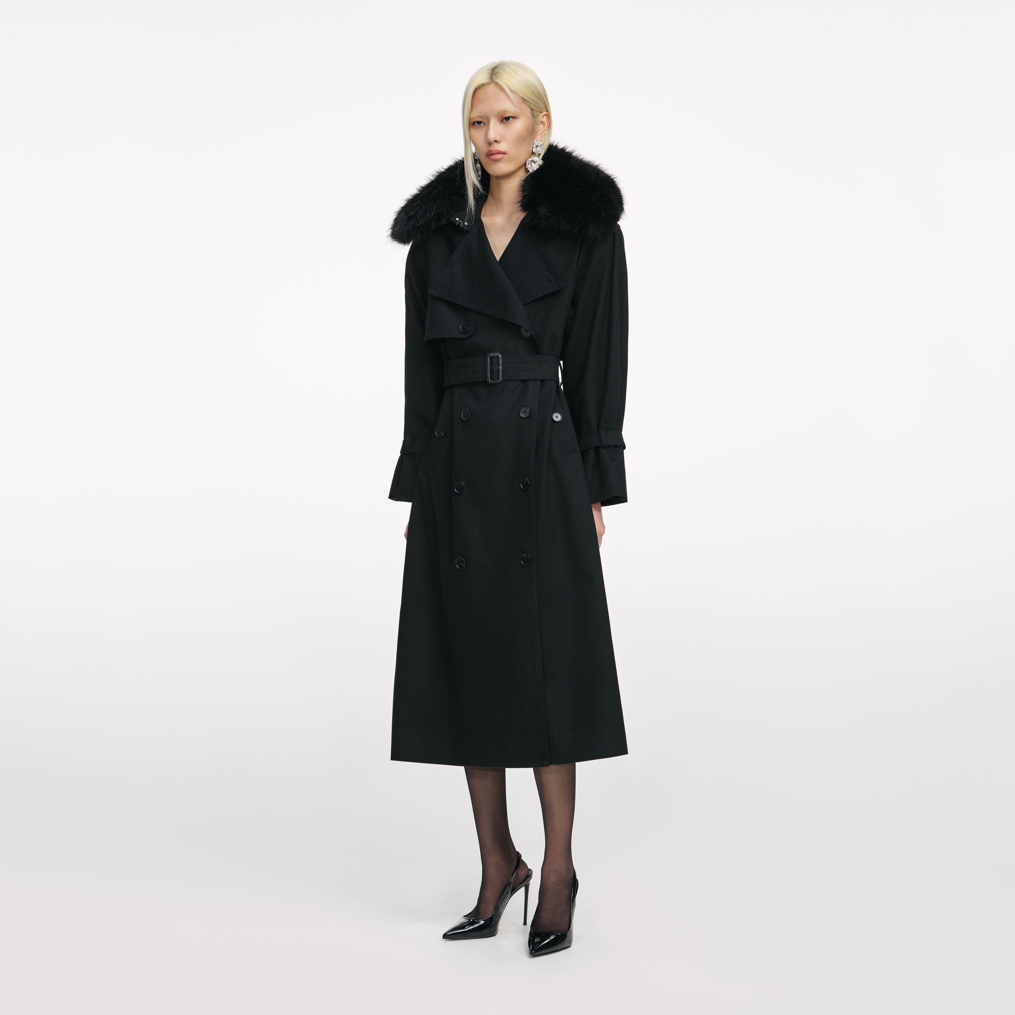 Black Twill Fur Collar Trench Coat