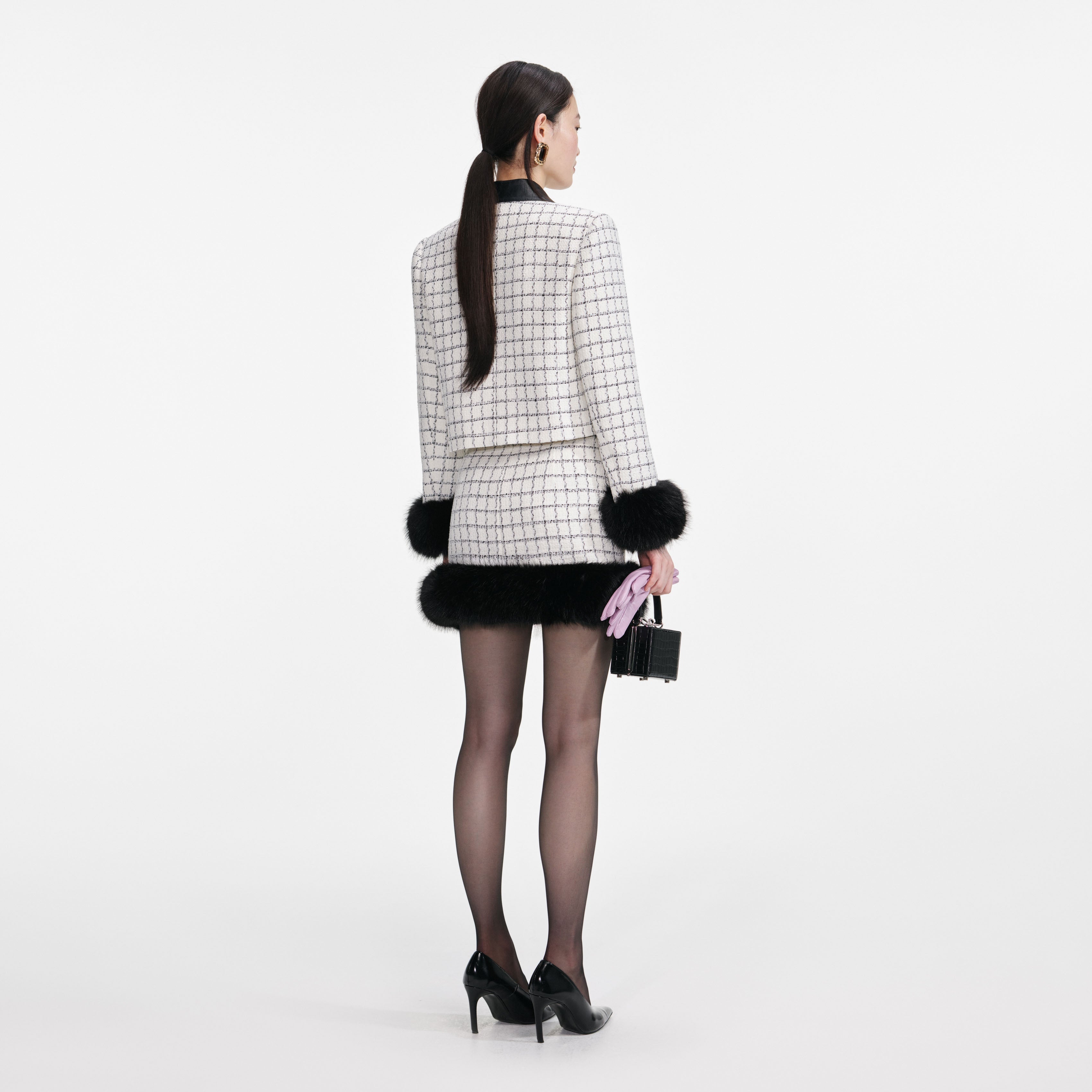 Check Boucle Fur Hem Mini Skirt