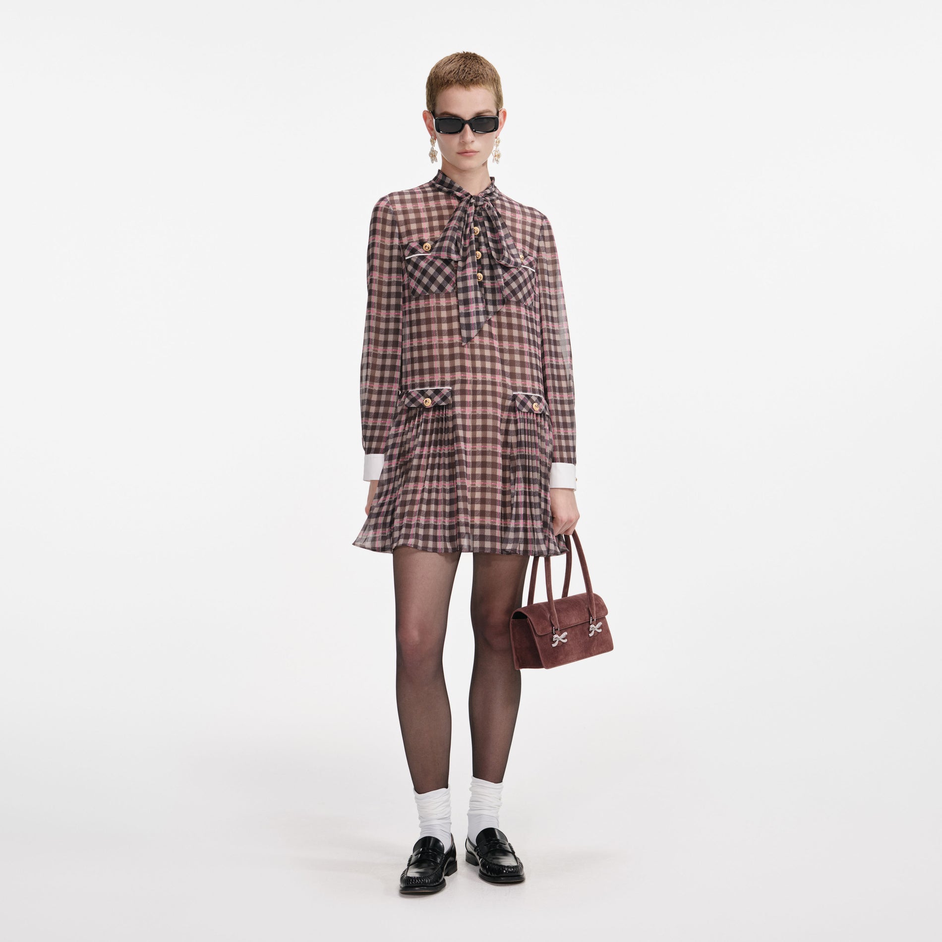 Front view of a woman wearing the Brown Check Chiffon Mini Dress