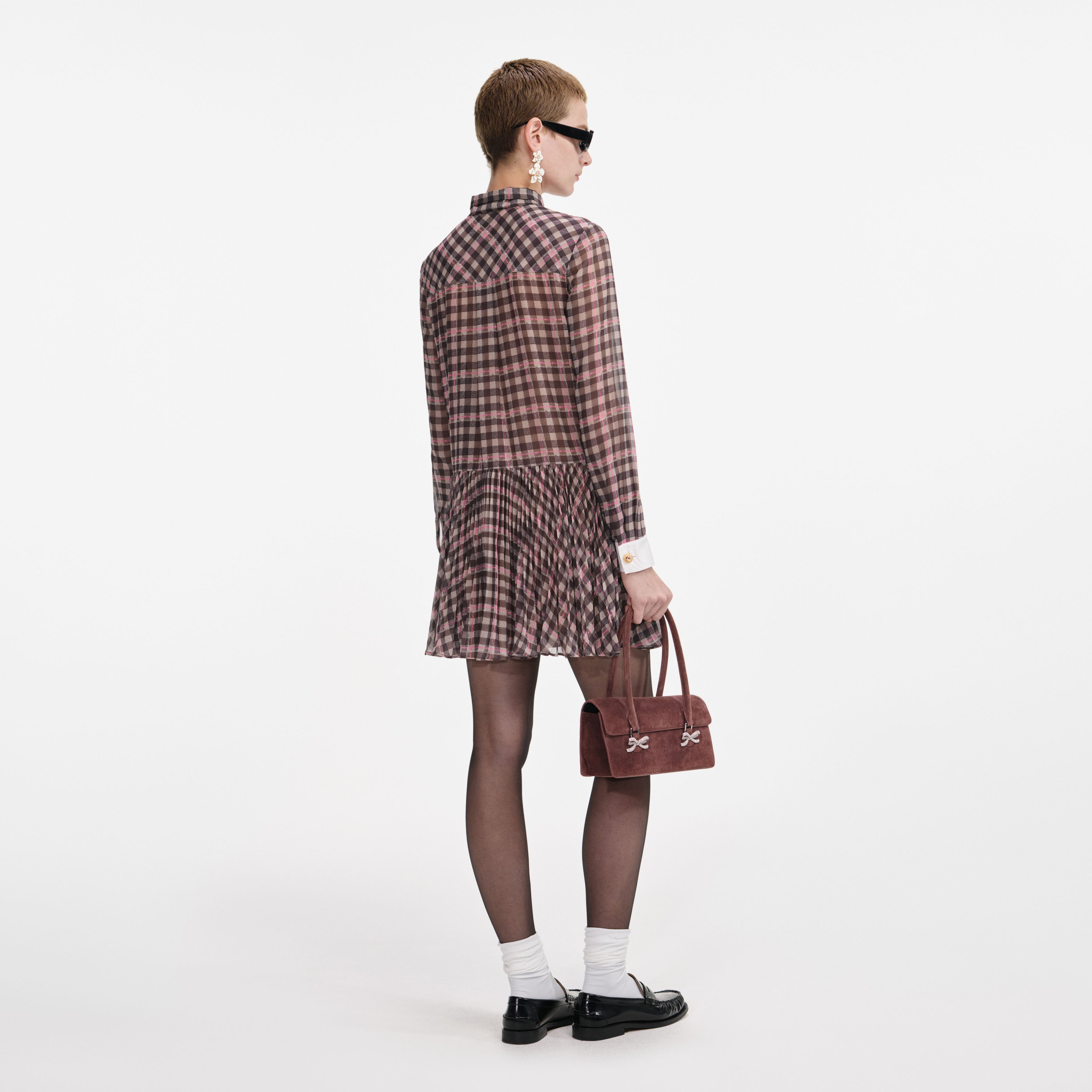 Brown Check Chiffon Mini Dress
