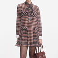 Brown Check Chiffon Mini Dress