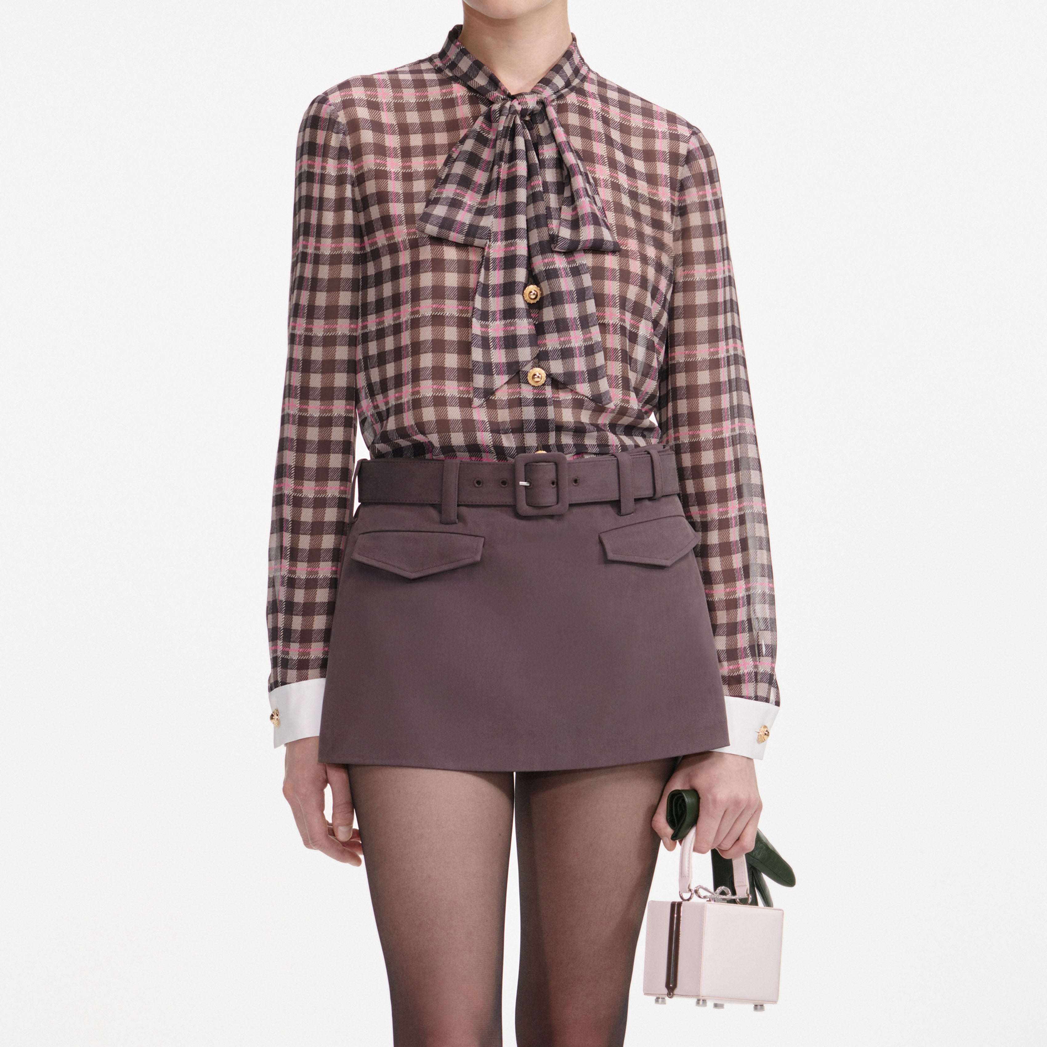 Brown Check Chiffon Blouse