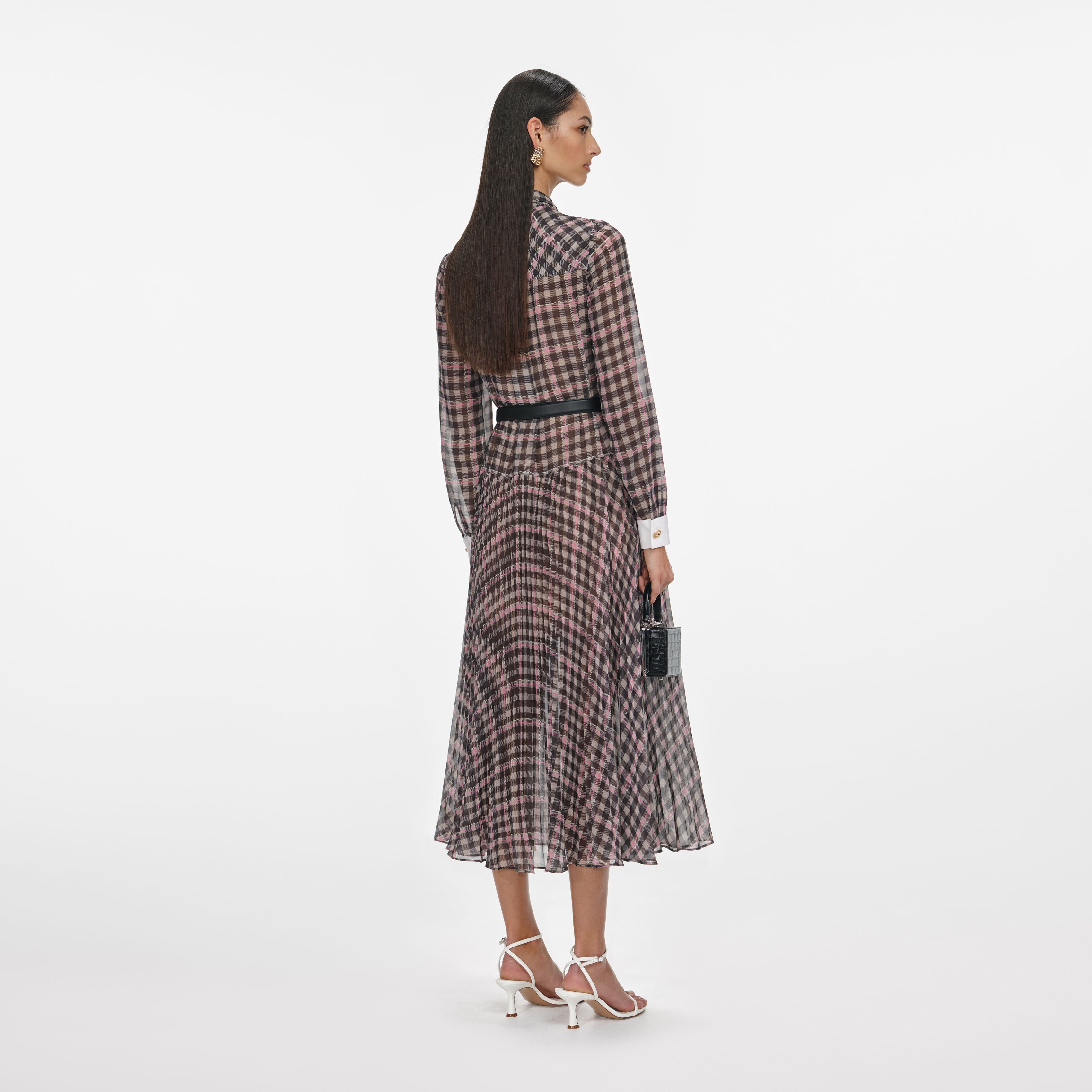 Brown Check Chiffon Midi Dress