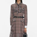 Brown Check Chiffon Midi Dress