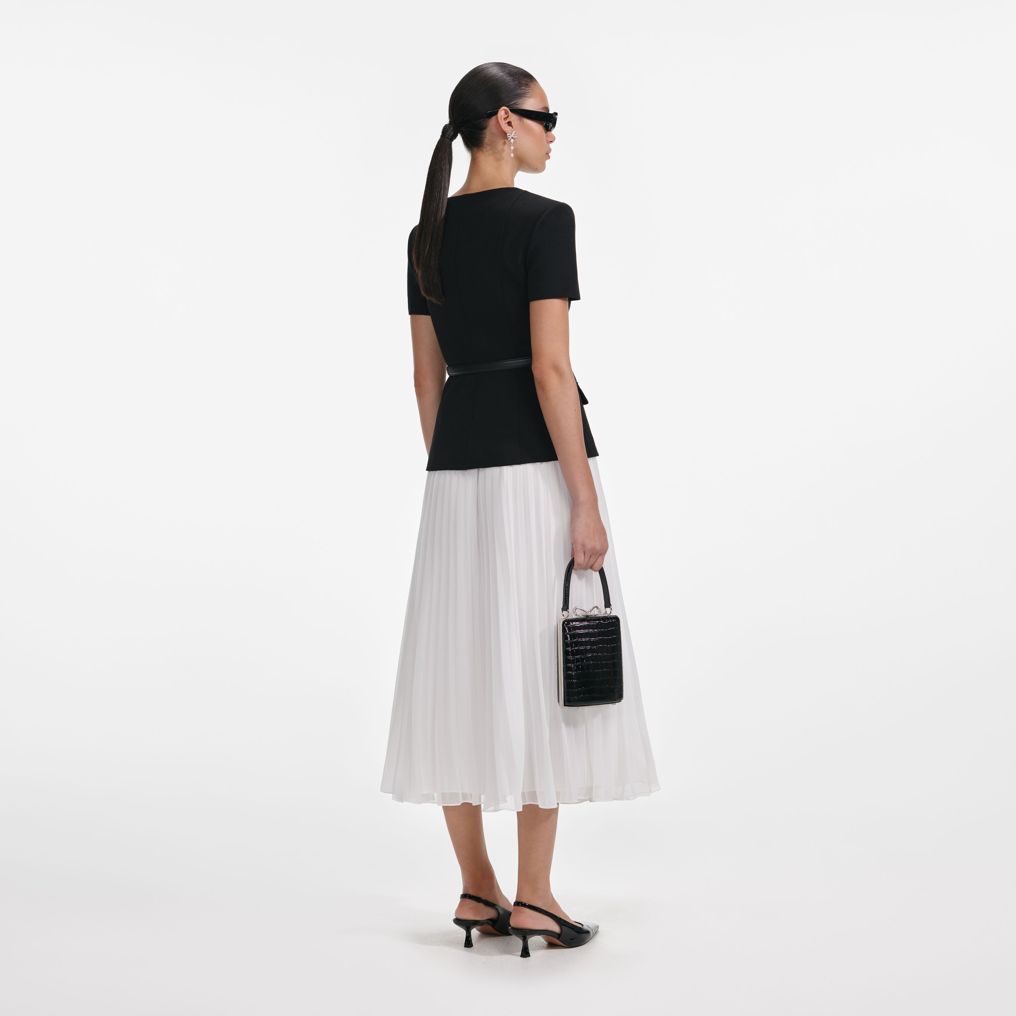 Black Tailored Contrast Chiffon Midi Dress