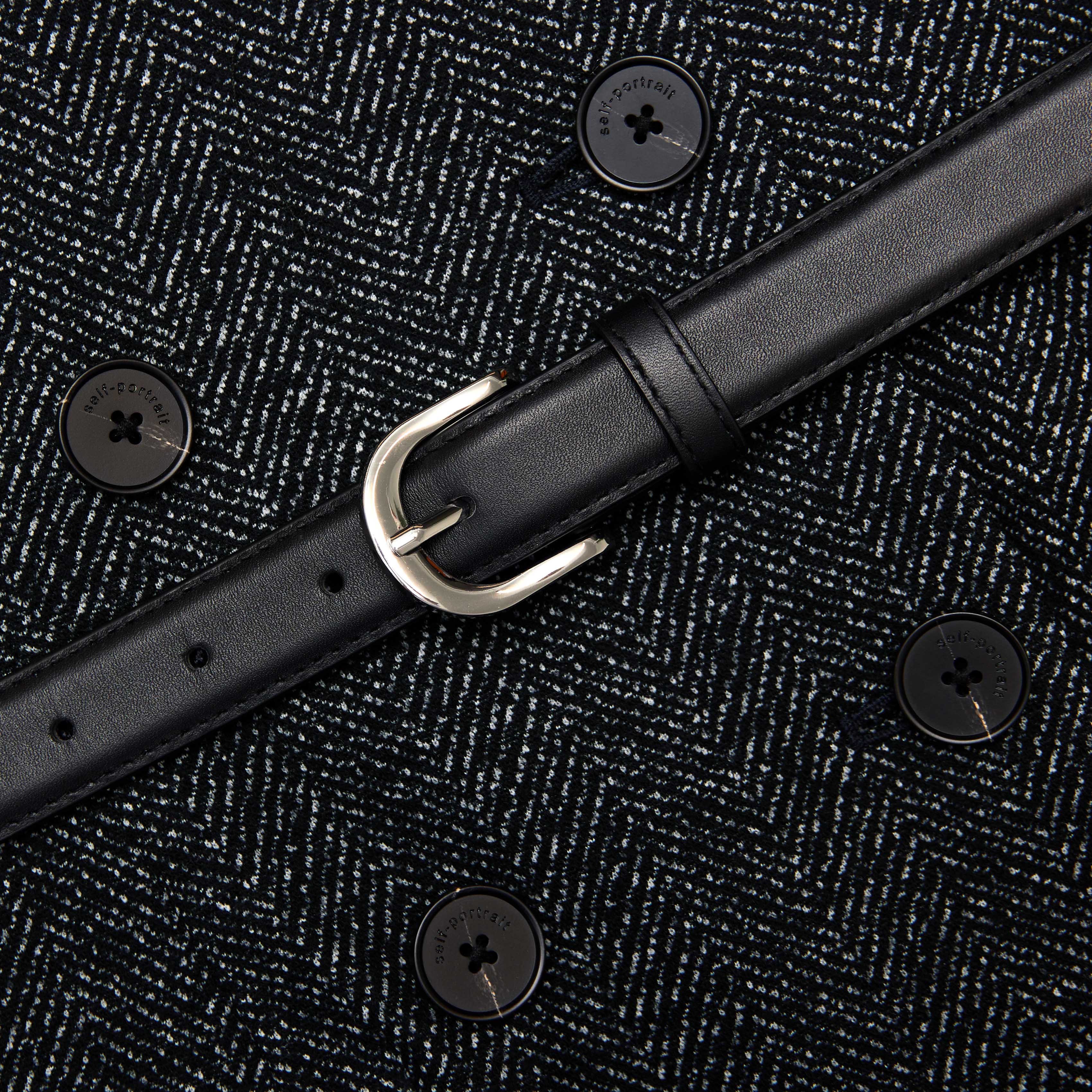 Navy Herringbone Wool Midi Dress