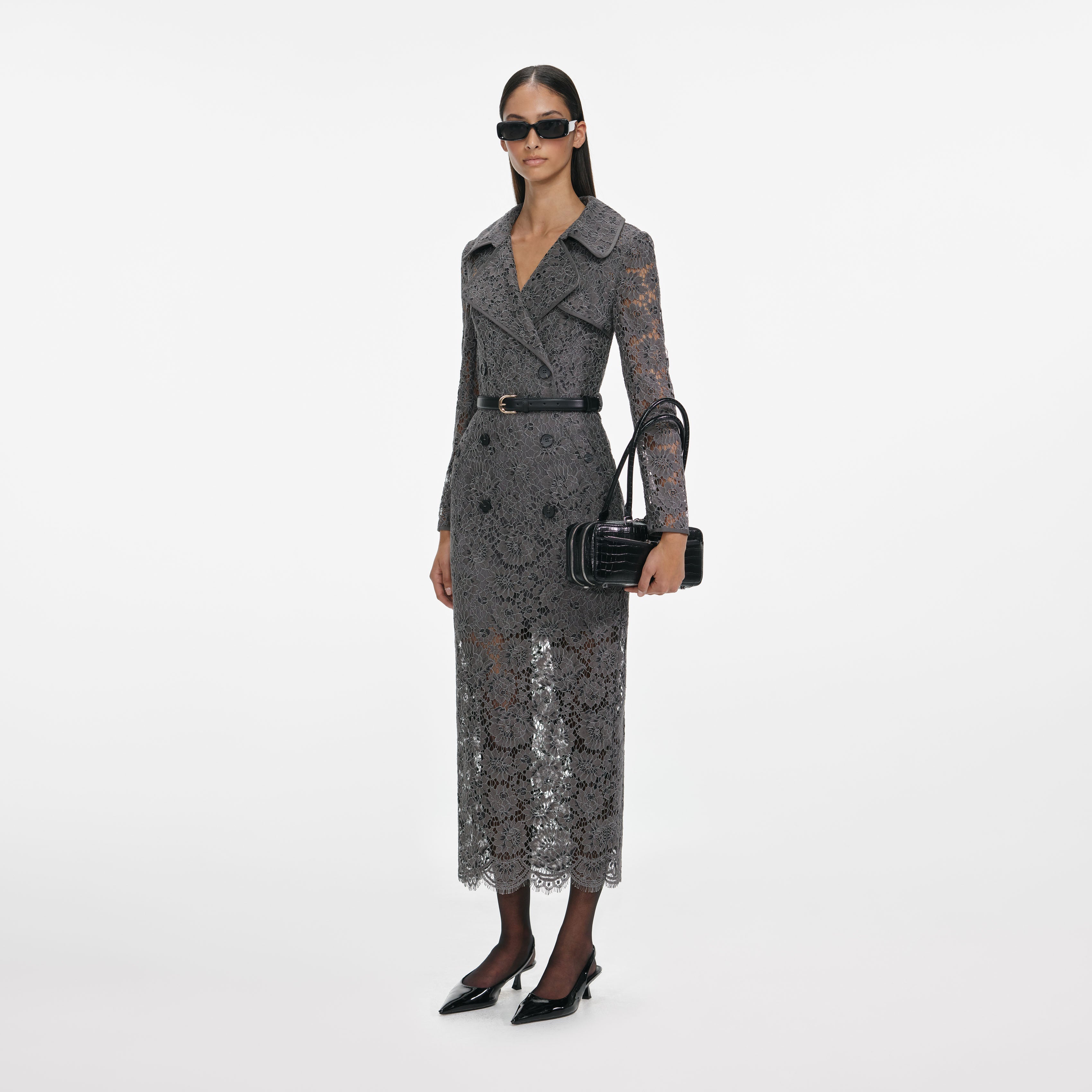 Grey Floral Lace Midi Dress