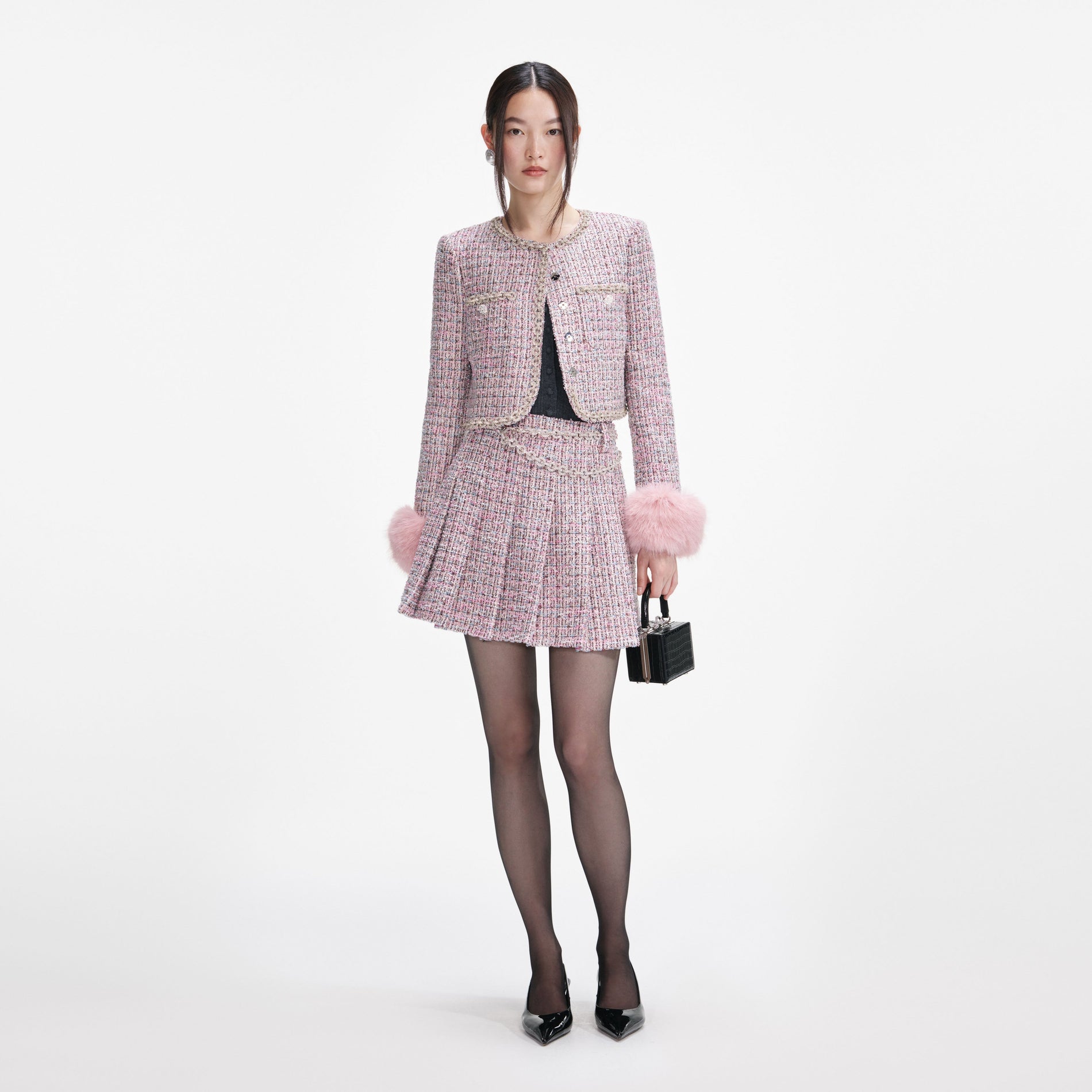 Pink Boucle Crystal Belt Mini Skirt