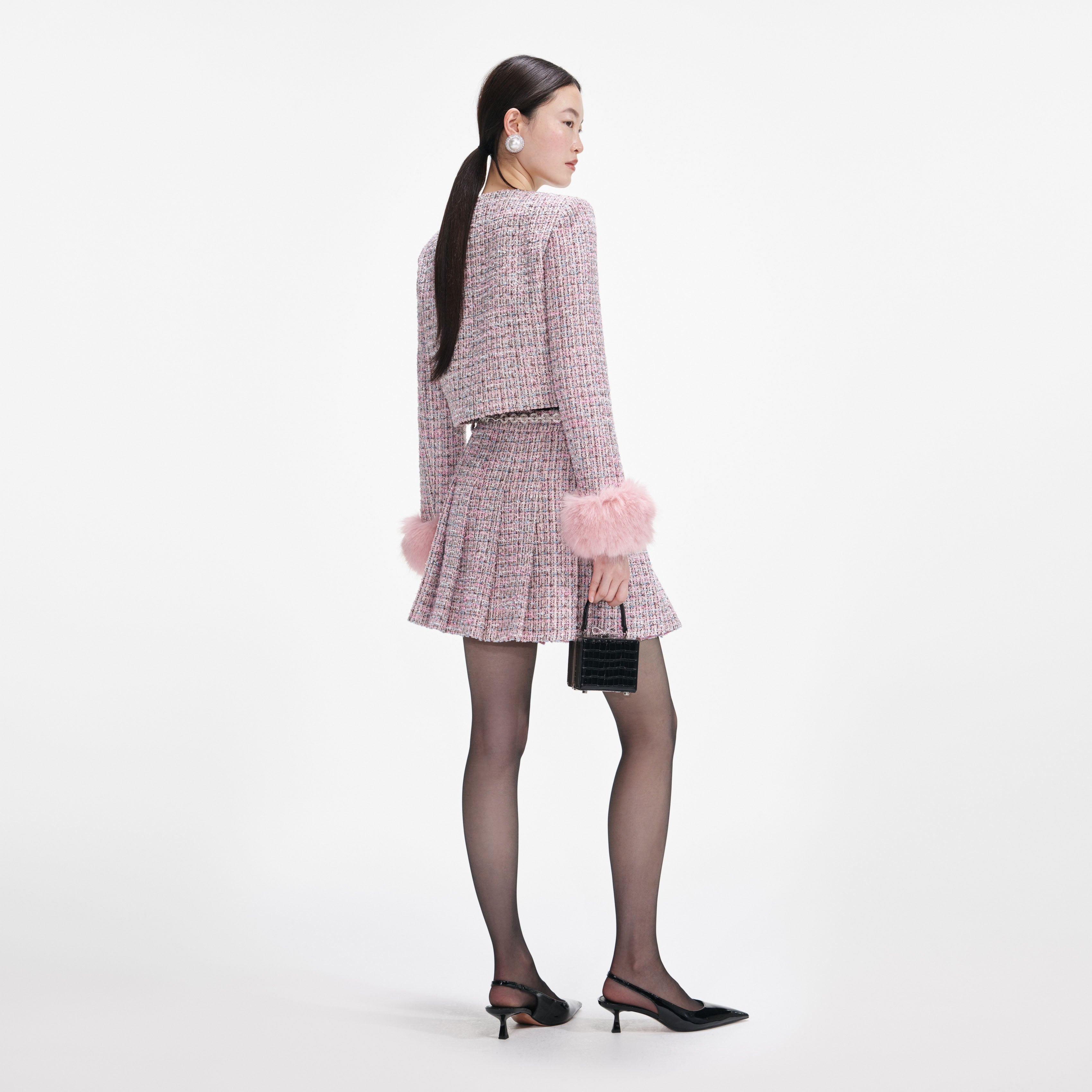Pink Boucle Crystal Belt Mini Skirt