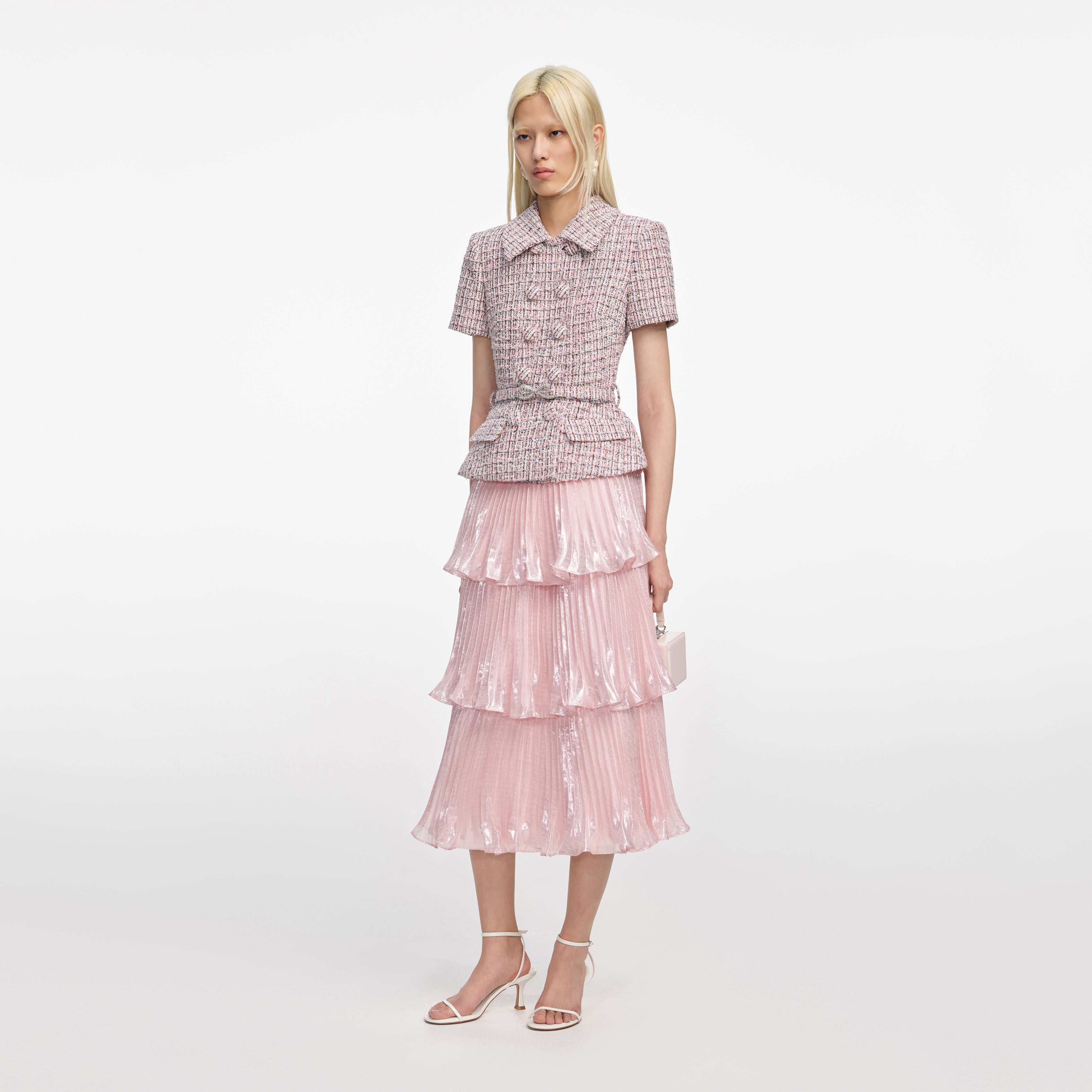 Pink Boucle Metallic Tiered Midi Dress