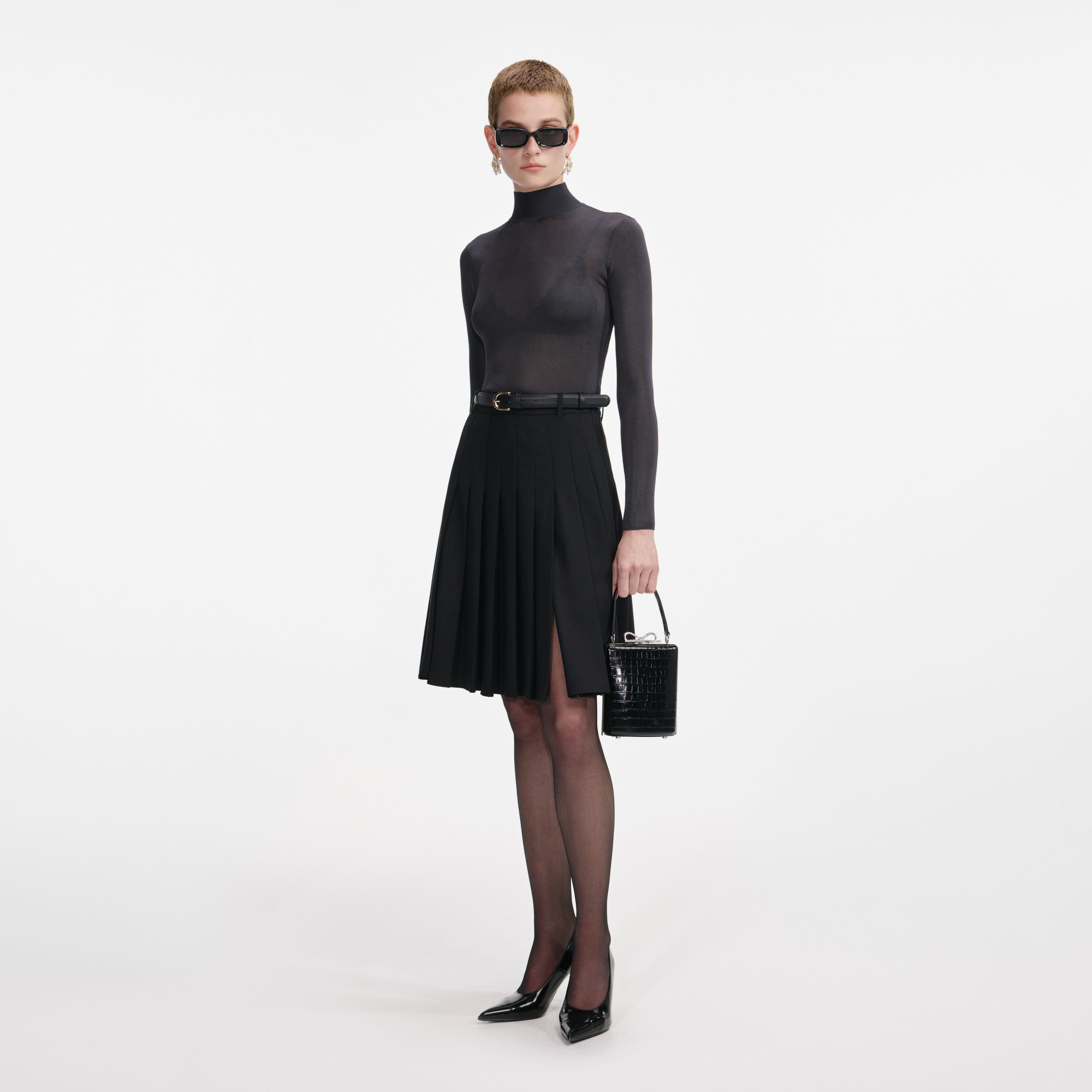 Black Pleated Twill Midi Skirt