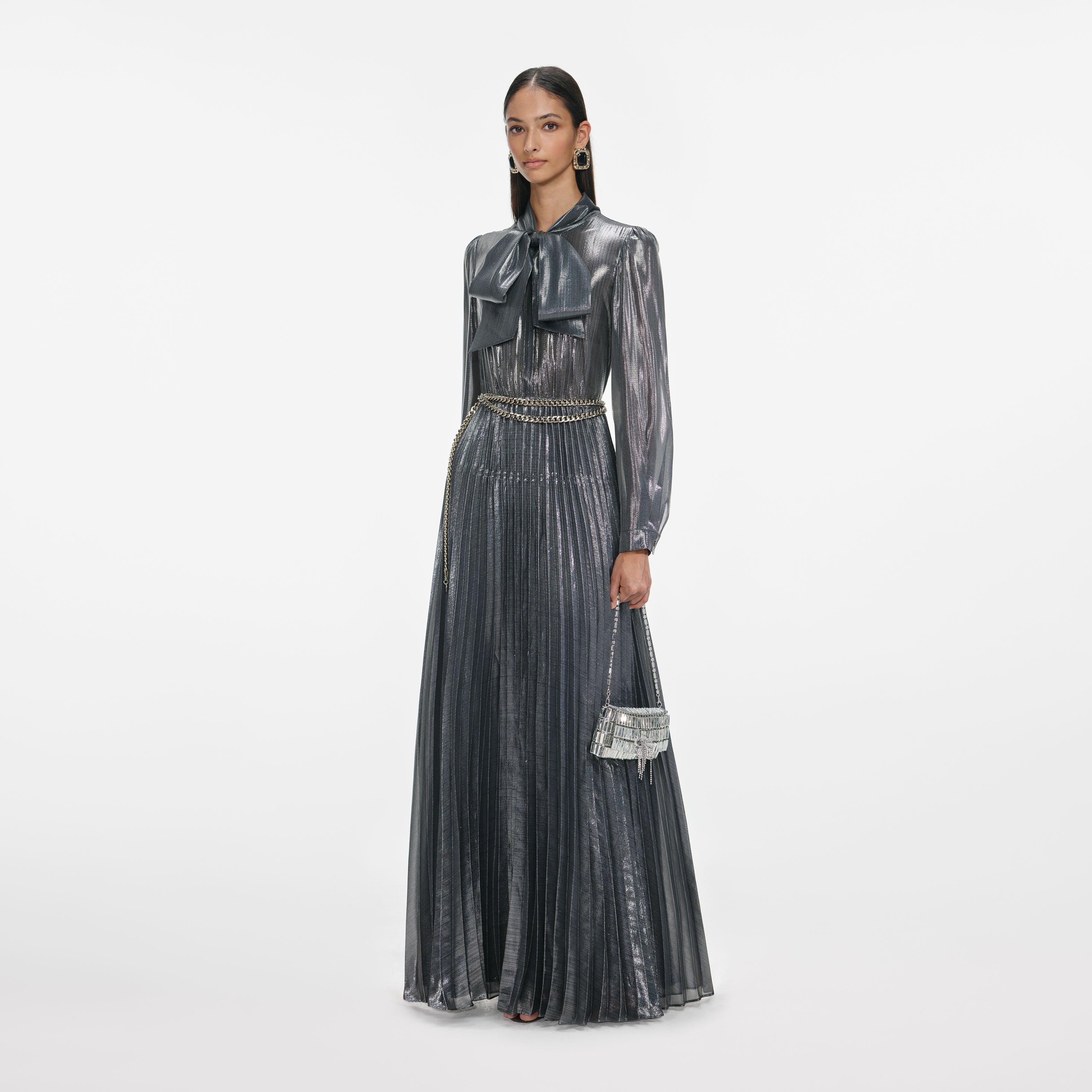 Grey Metallic Tie Neck Maxi Dress