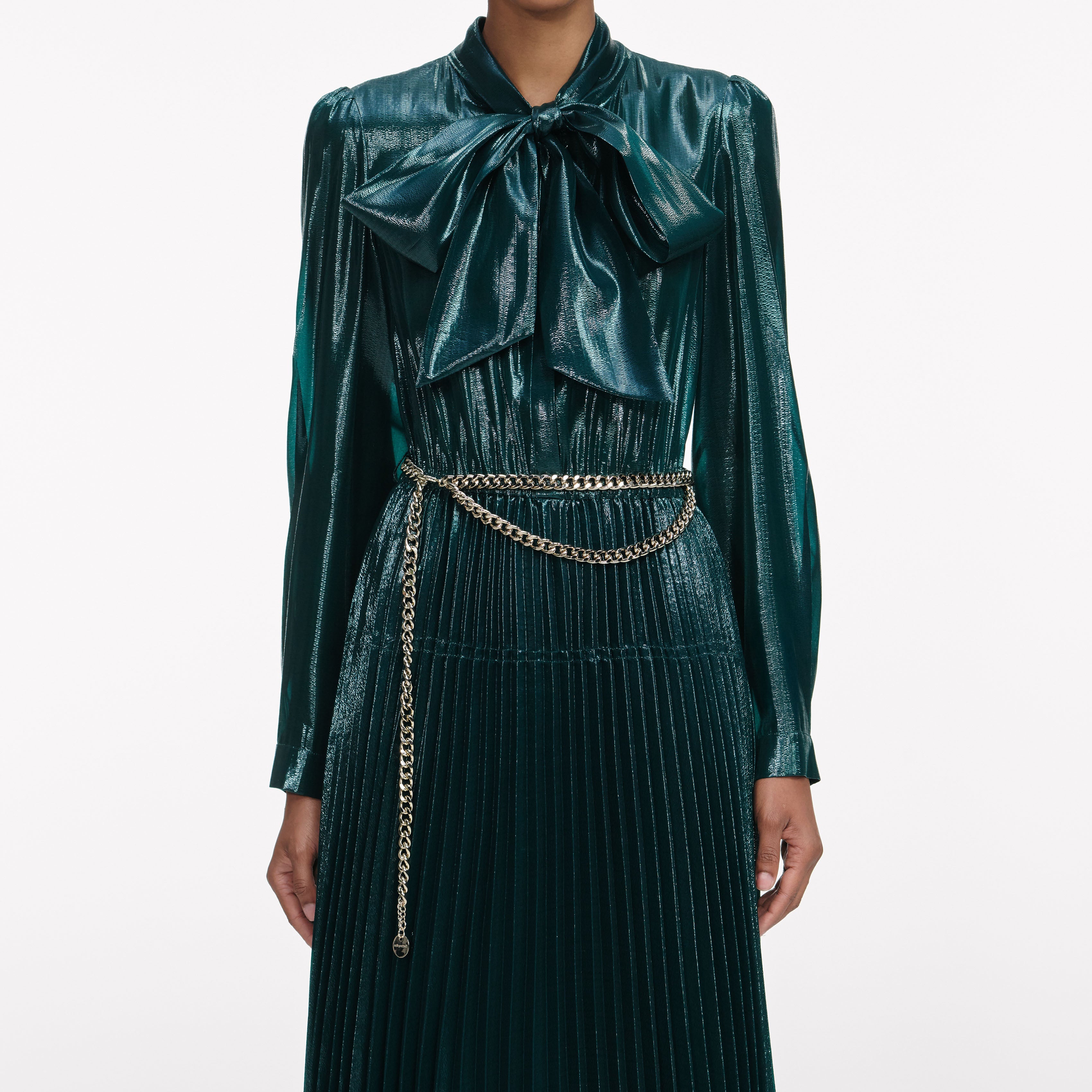 Green Metallic Tie Neck Maxi Dress