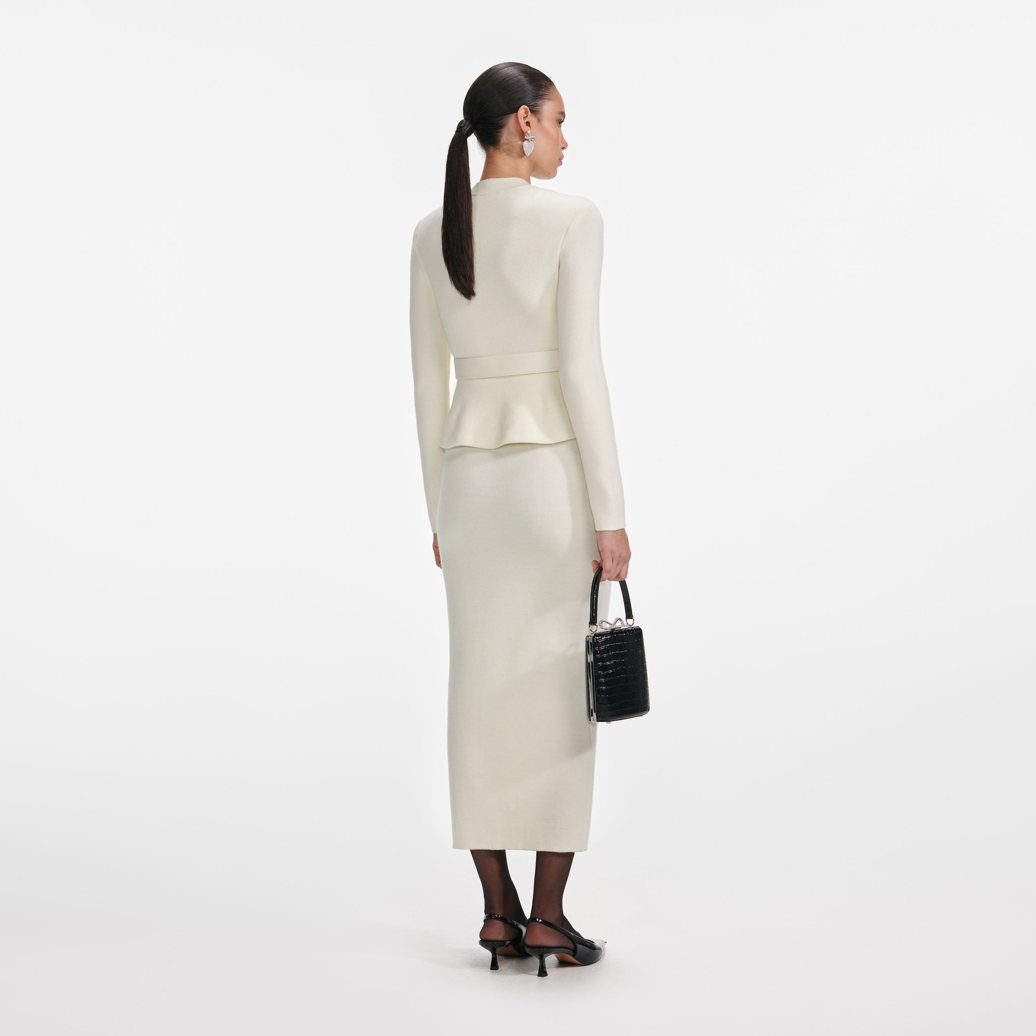 Cream Wool Peplum Knit Midi Dress