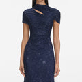 Navy Rhinestone Mesh Cut Out Midi Dress