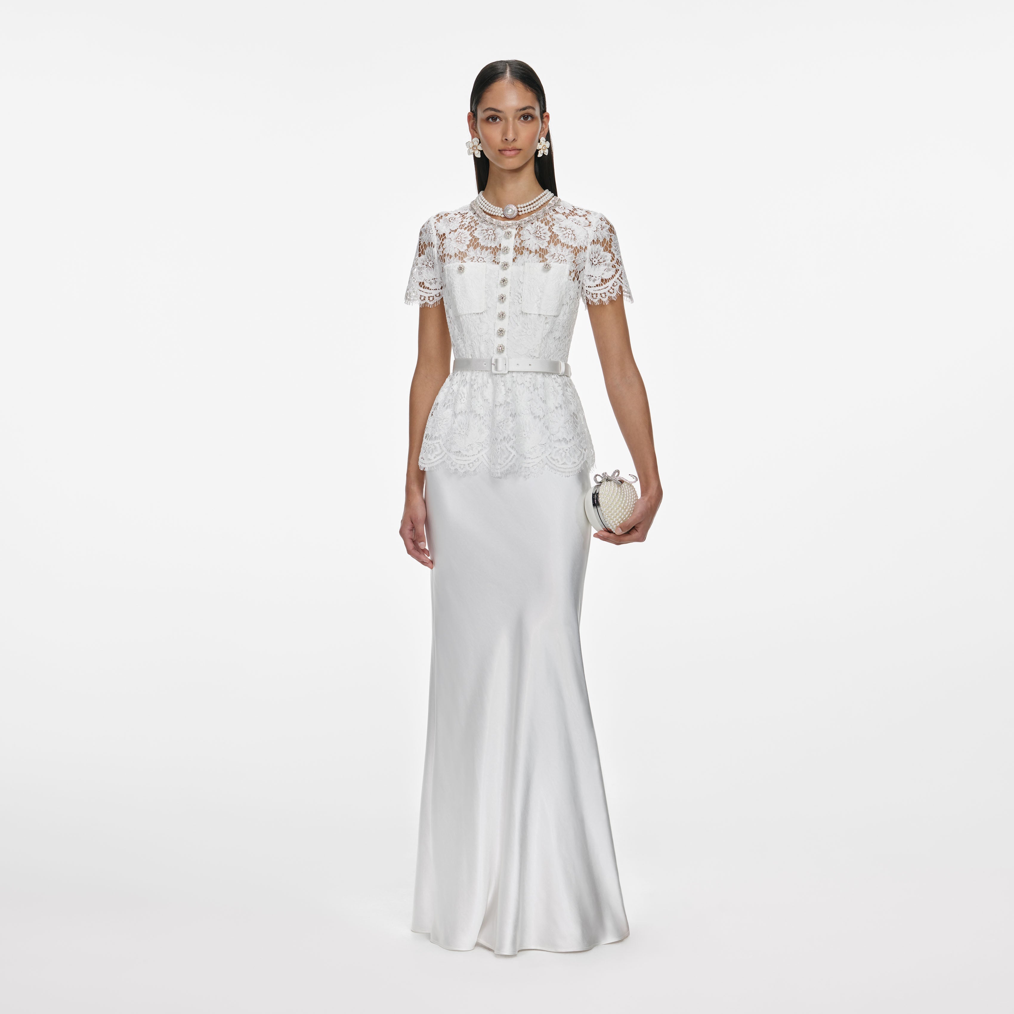 White Lace Satin Maxi Dress