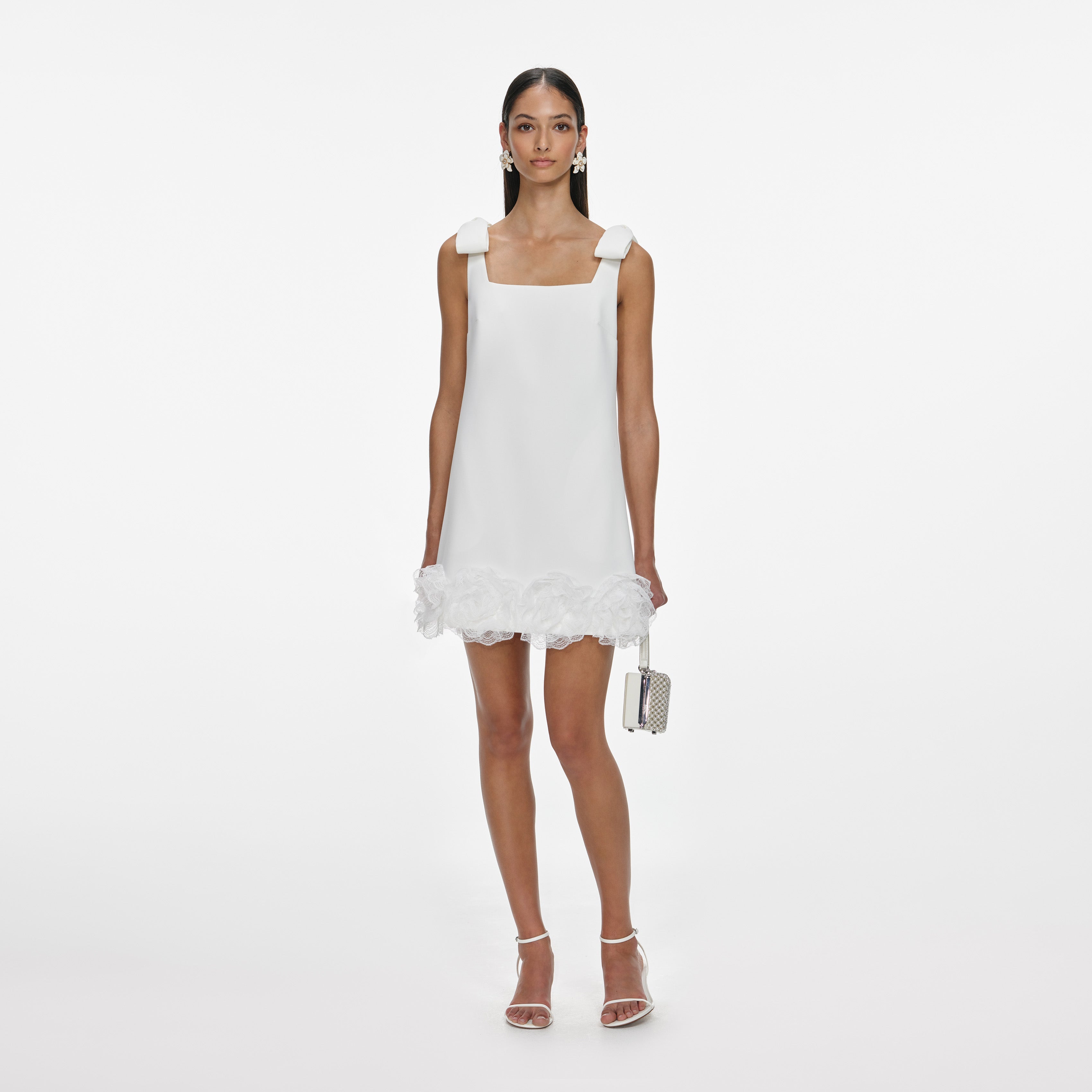 White Crepe 3D Flower Mini Dress