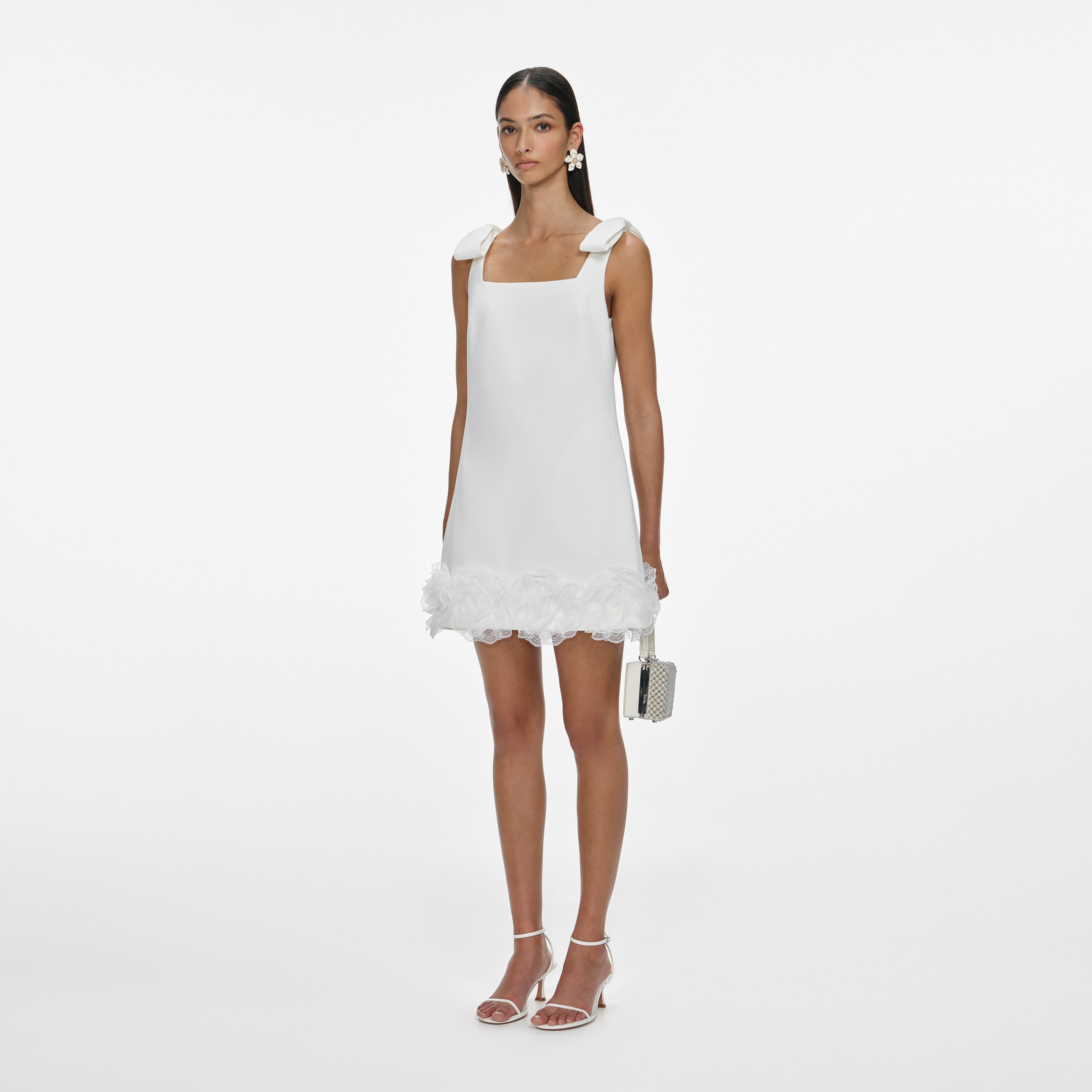 White Crepe 3D Flower Mini Dress