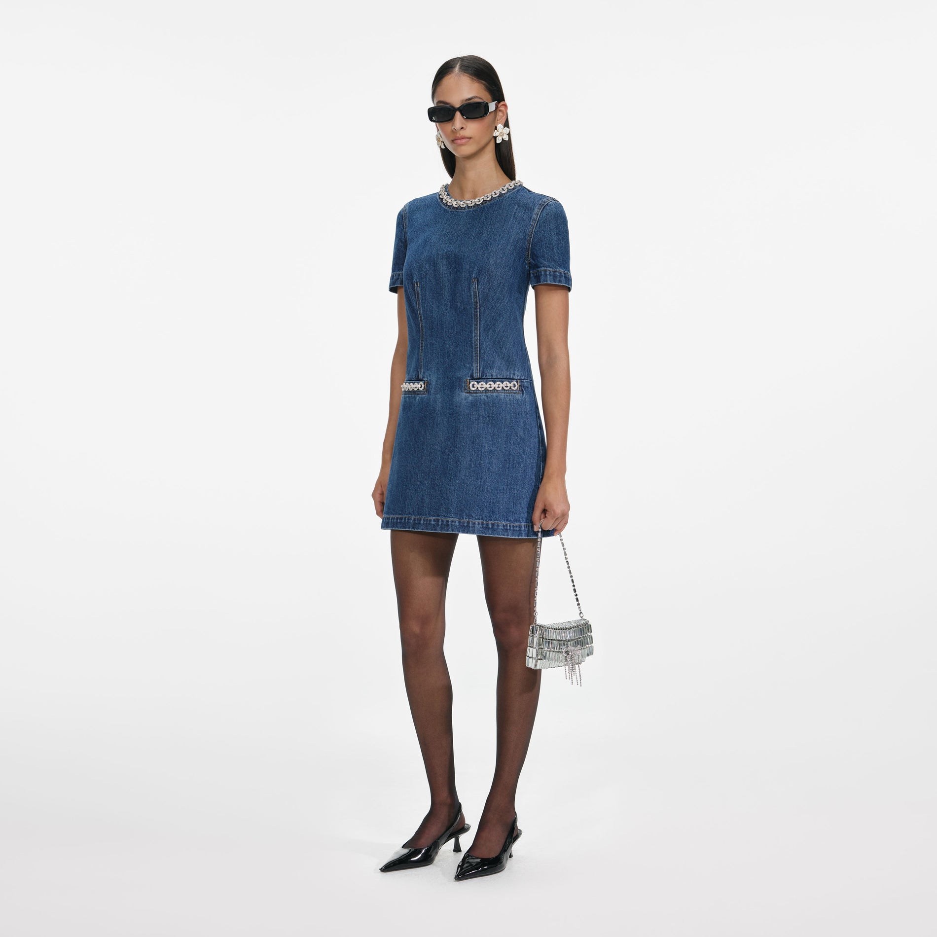 Denim Crystal Trim Mini Dress