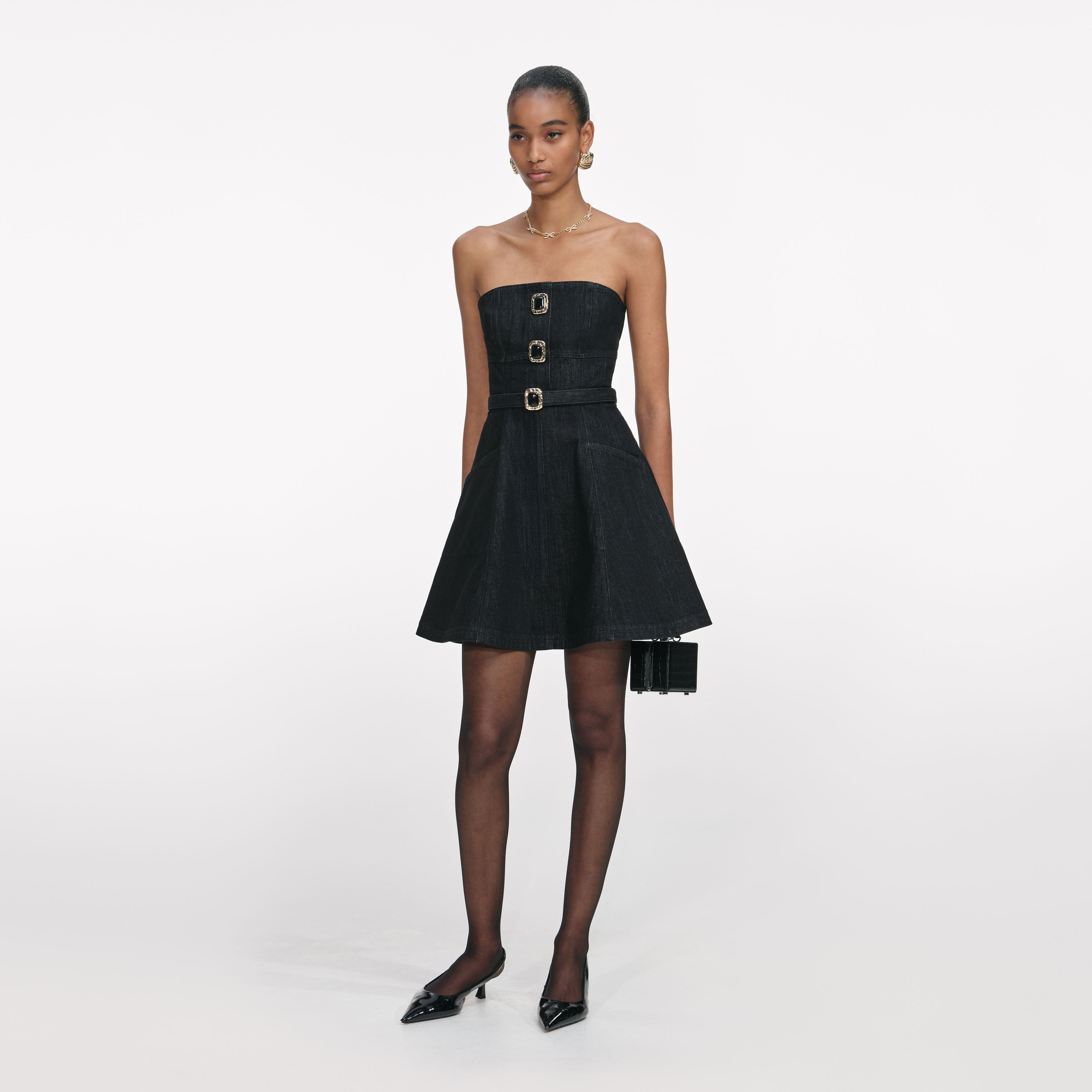 Black Denim Bandeau Mini Dress