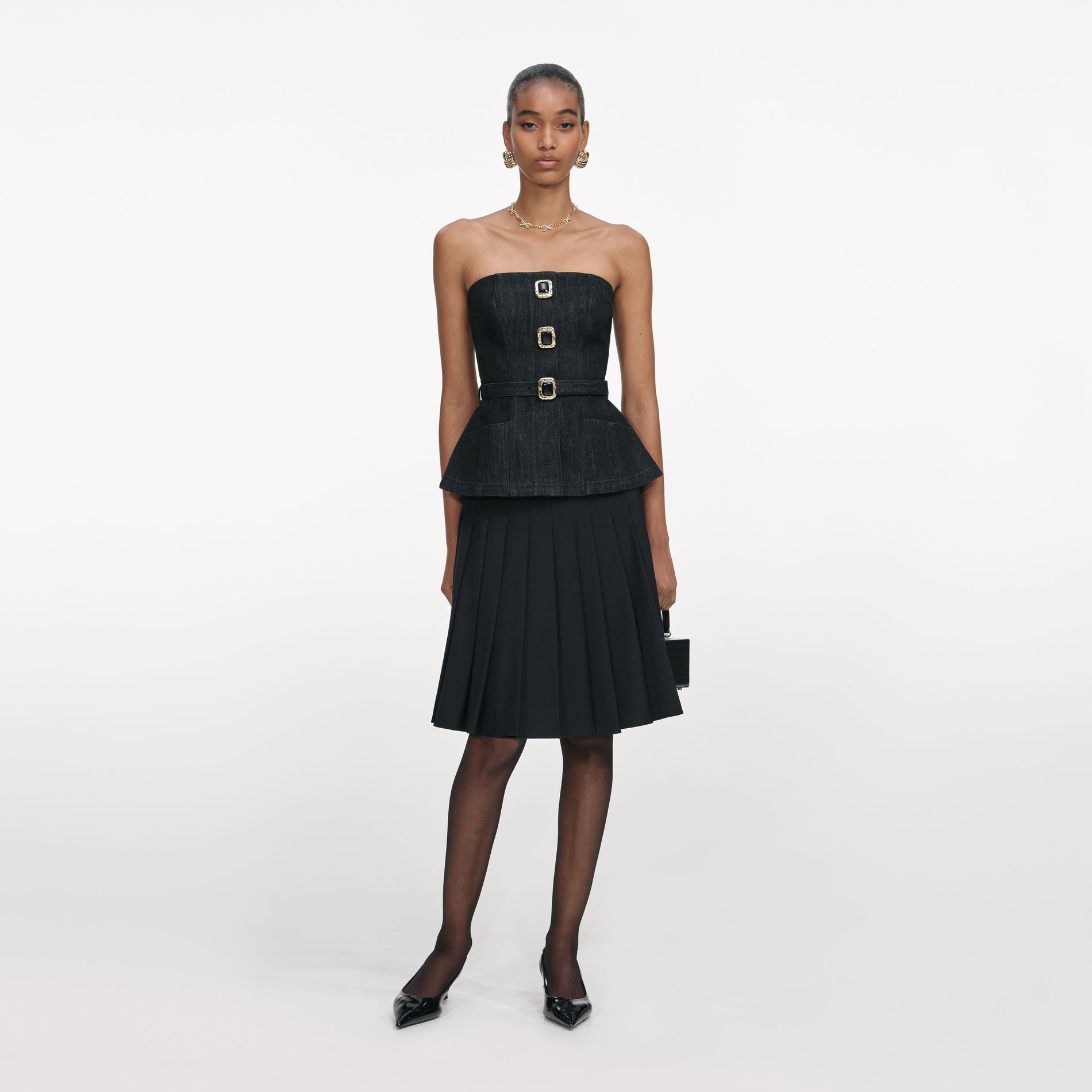 Front view of a woman wearing the Black Denim Bandeau Top