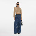 Blue Embellished Wide Leg Jeans