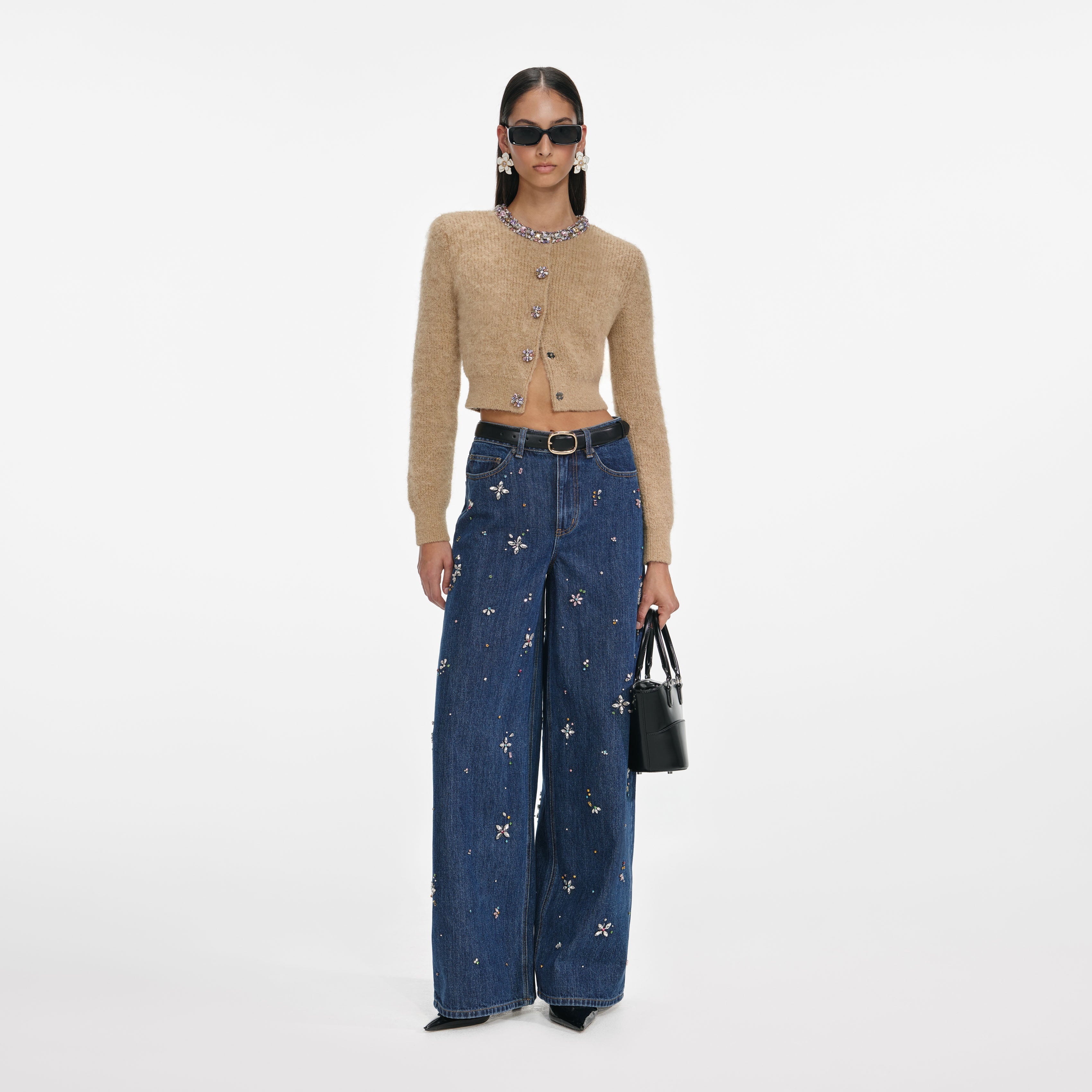 Blue Embellished Wide Leg Jeans