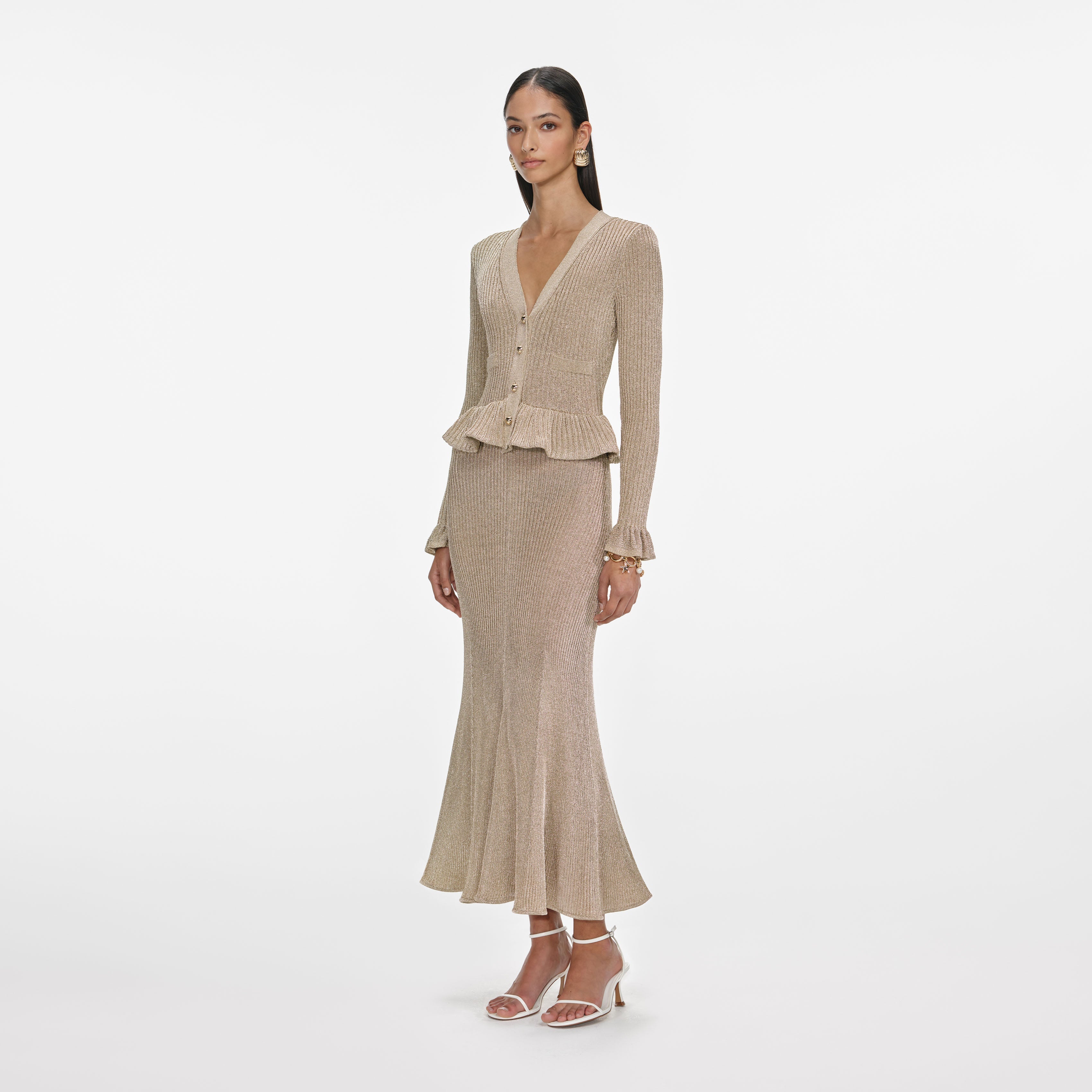 Gold Lurex Peplum Knit Midi Dress