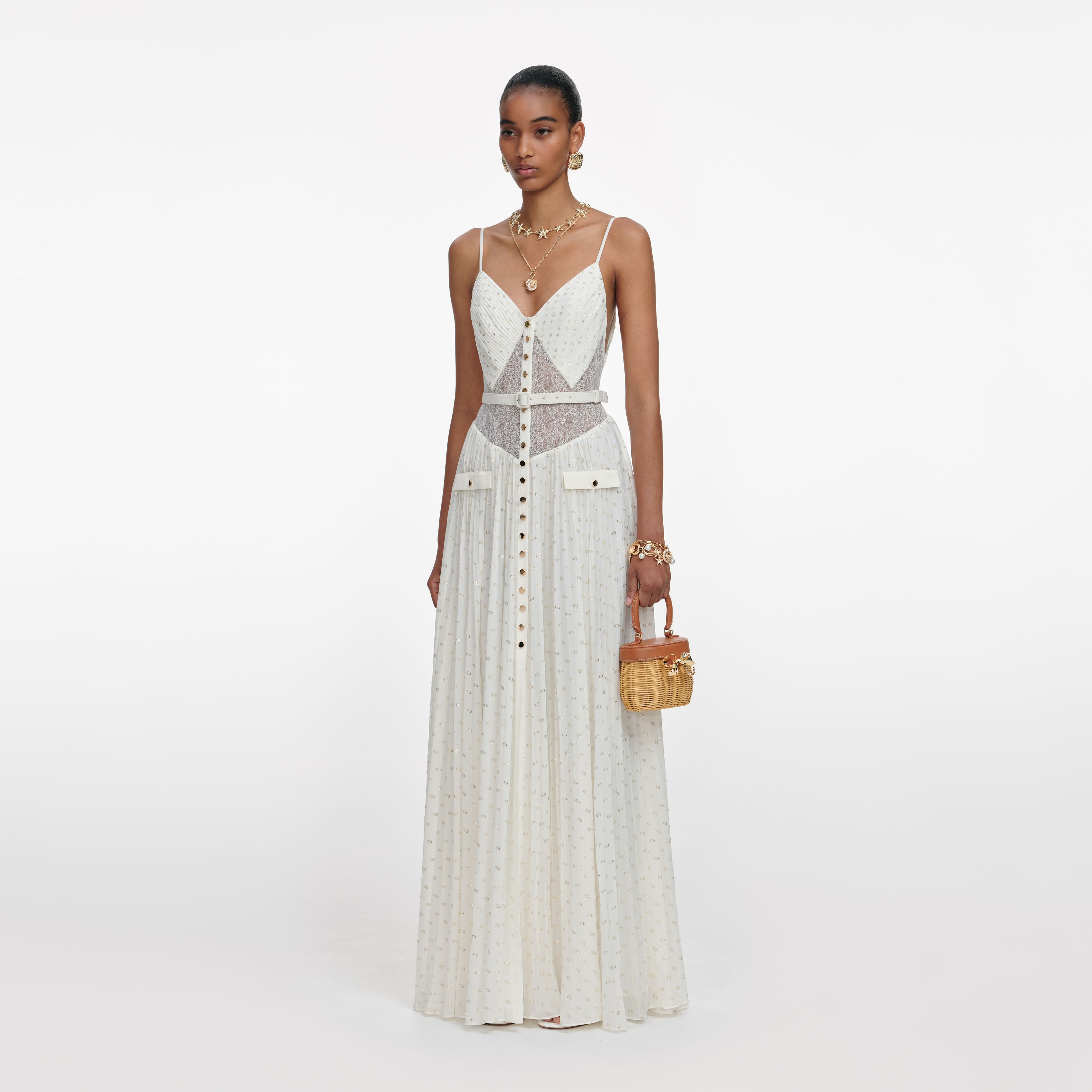 Cream And Gold Chiffon Maxi Dress