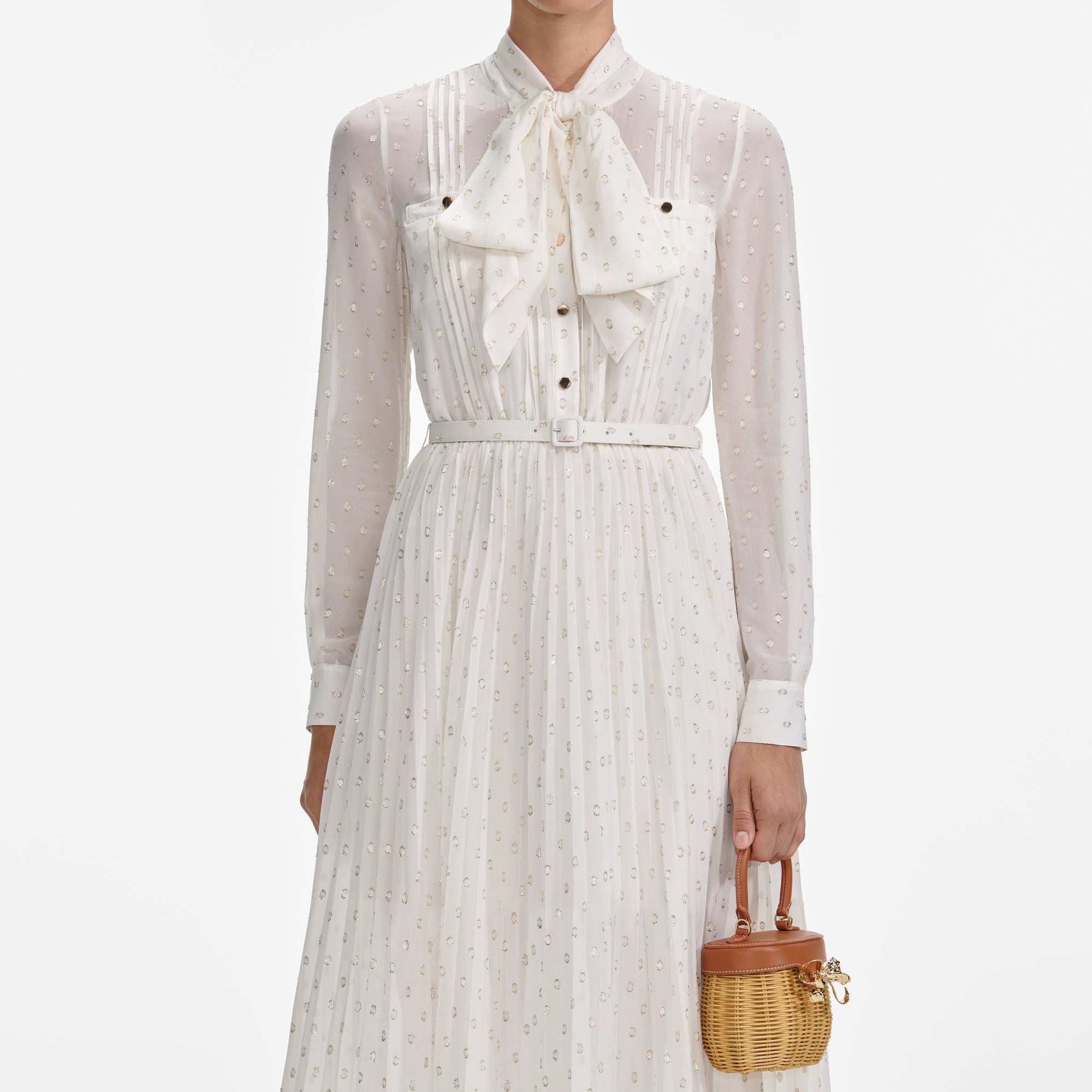 Cream And Gold Tie Neck Midi Dress