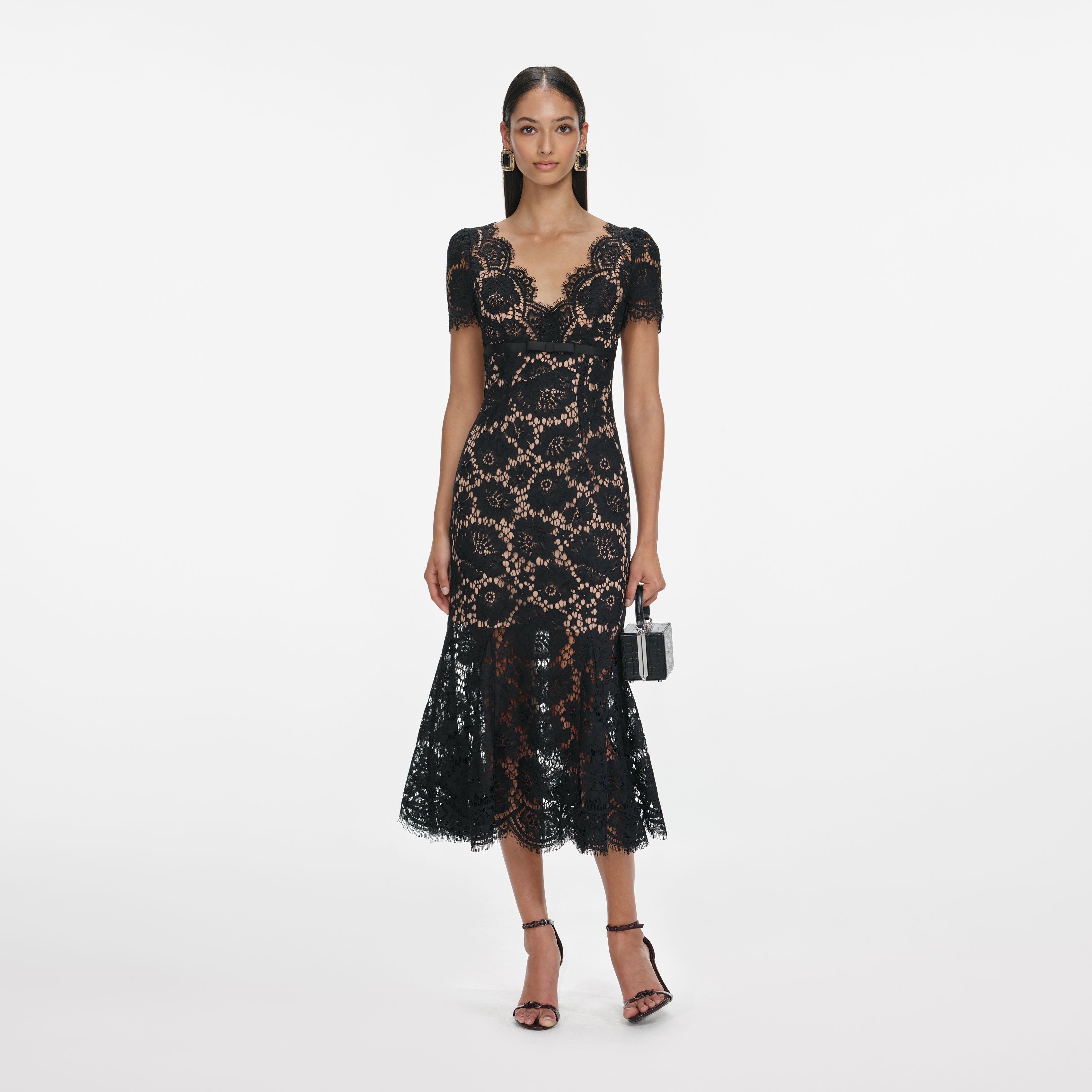 Black Floral Lace Midi Dress