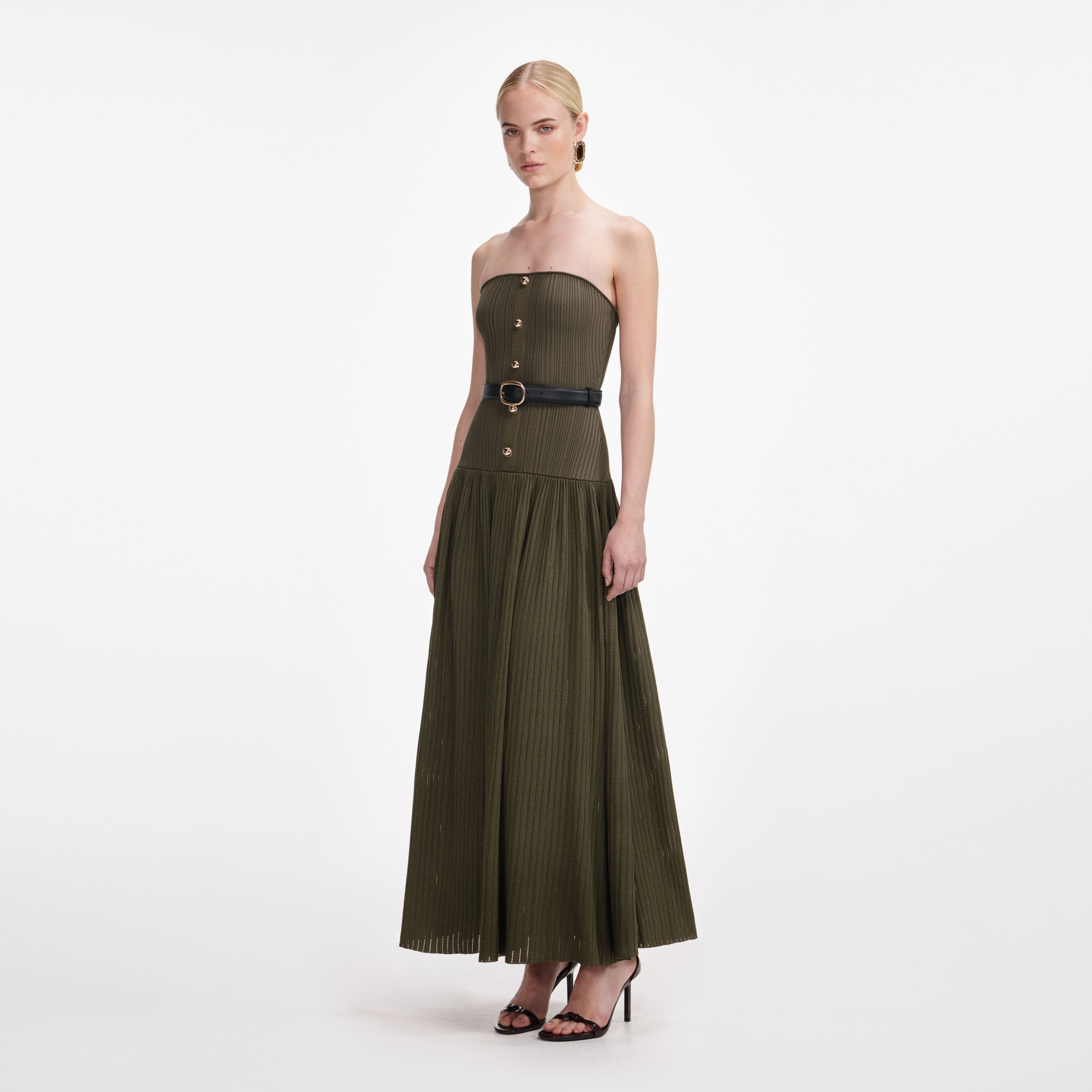 Khaki Bandeau Knit Midi Dress