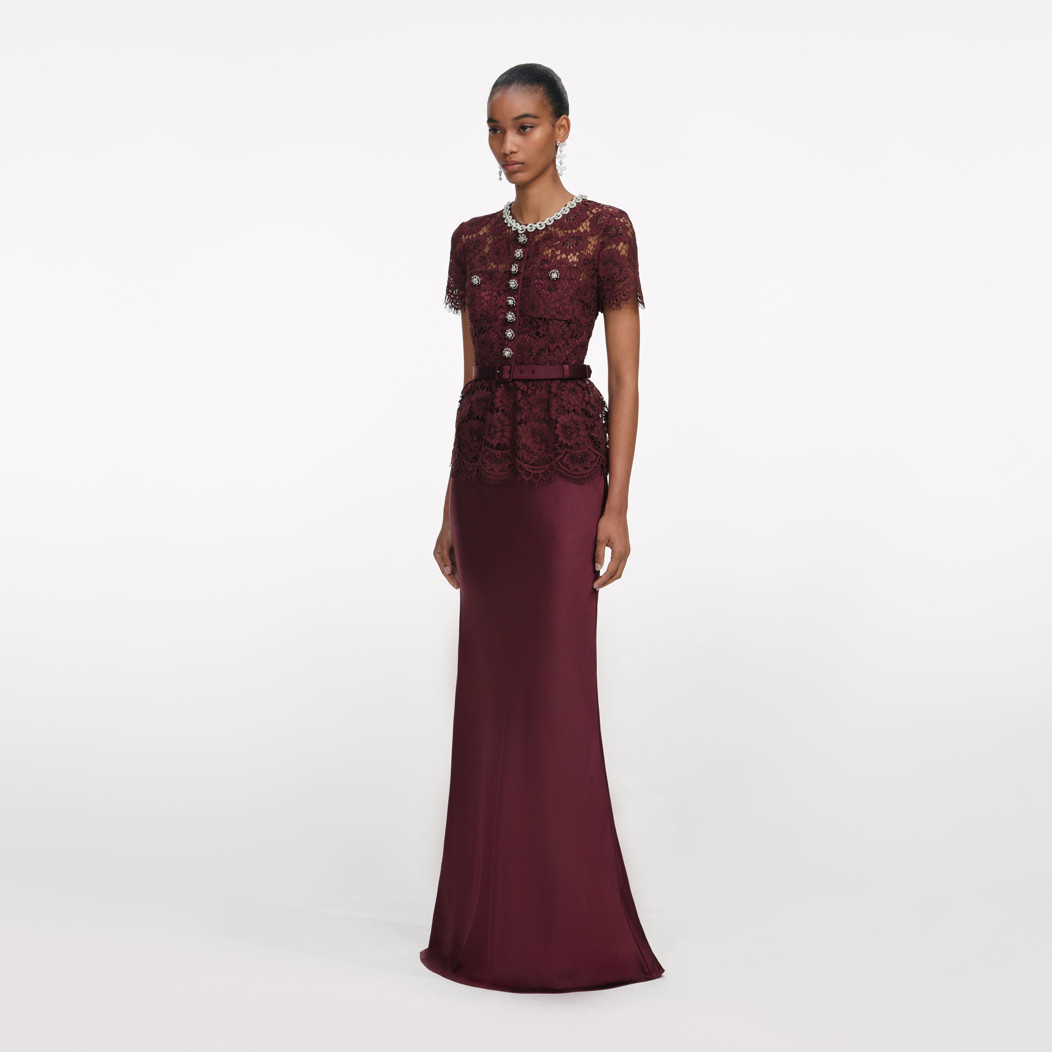 Burgundy Lace Satin Maxi Dress